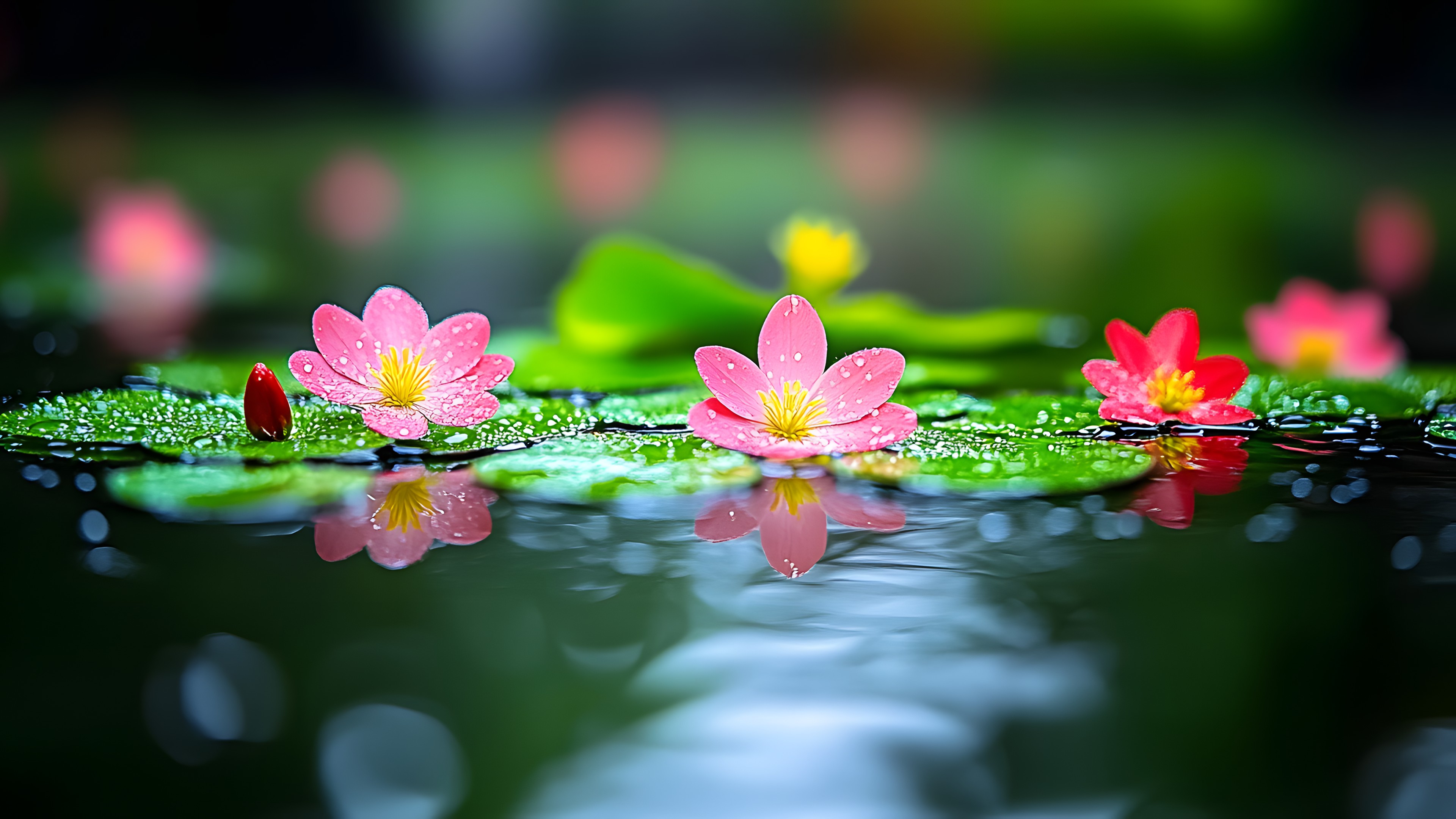 Flower, Petal, Green, Yellow, Aquatic plant, Pink, Lotus, Flowering plant, Reflection, Plant stem, Macro photography, Nelumbonaceae, Herbaceous plant, Water lilies, Pedicel, Wildflower, Nymphaea nelumbo, Blossom, Pond, Pollen