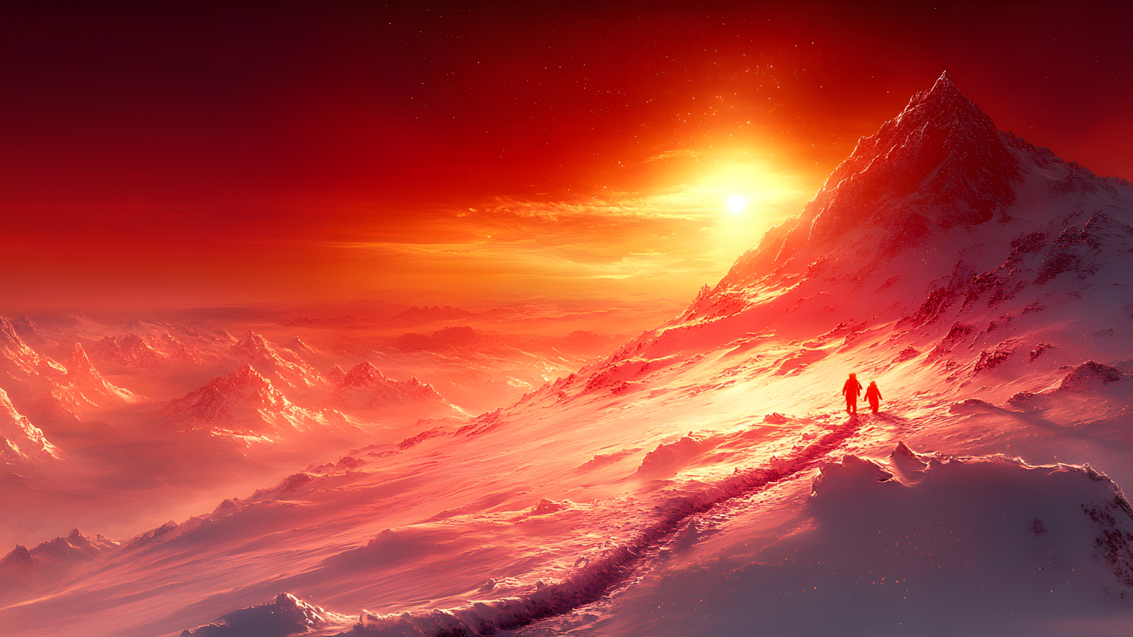 Mountainous landforms, geological phenomenon, Mountain, Winter, Sunrise, Orange, Mountain range, Summit, Glacial landform, Astronomical object, Red sky at morning, Snow, Ridge, Afterglow, Glacier, Alps, Sunset, Sun, Ice cap, Adventure