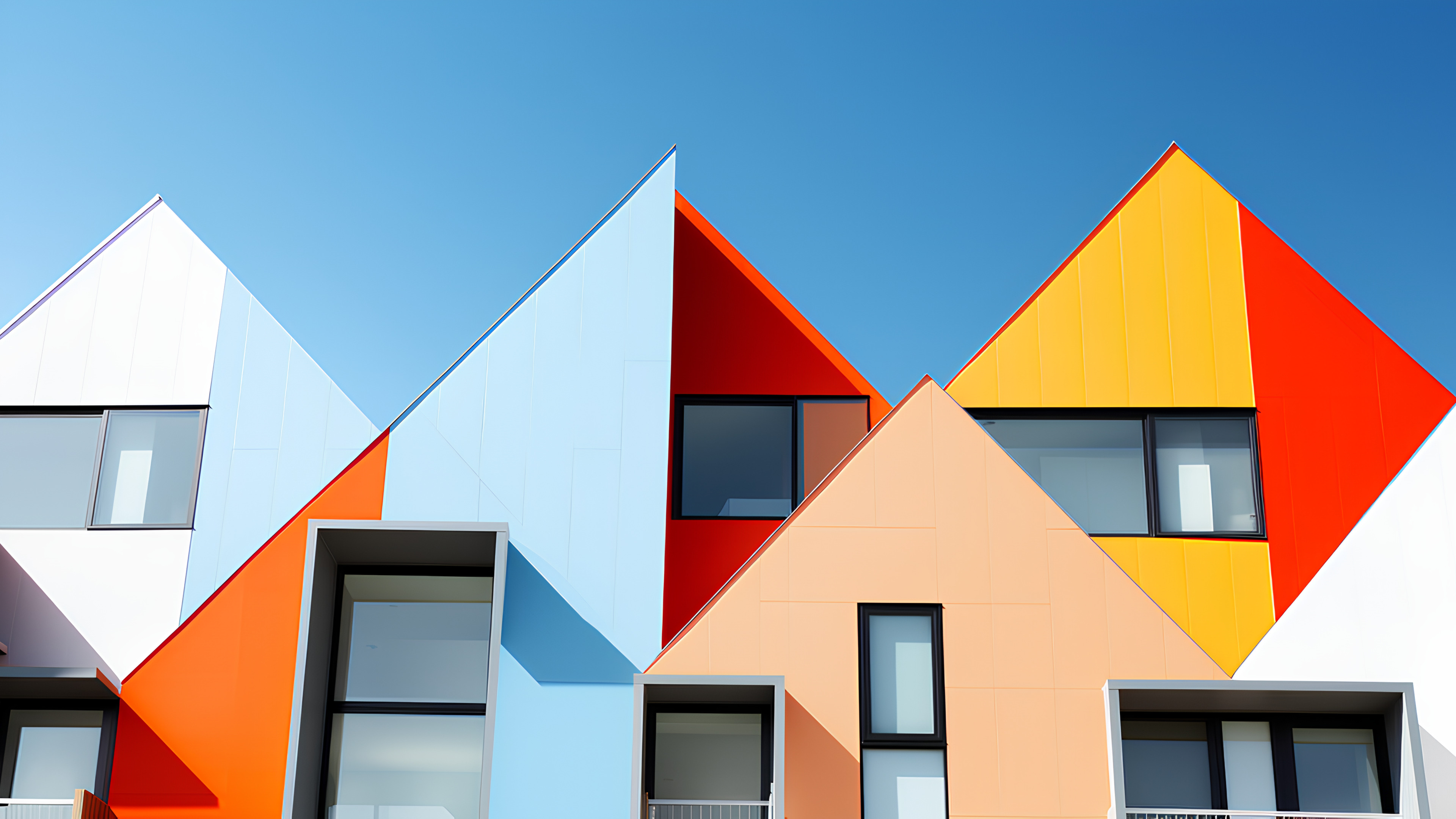 Building, Window, Azure, Triangle, Rectangle, Font, Sky, Facade, Art, Symmetry, Tints and shades, Roof, Urban design, Pattern, Parallel, Slope, Electric blue, House, Illustration, Graphics