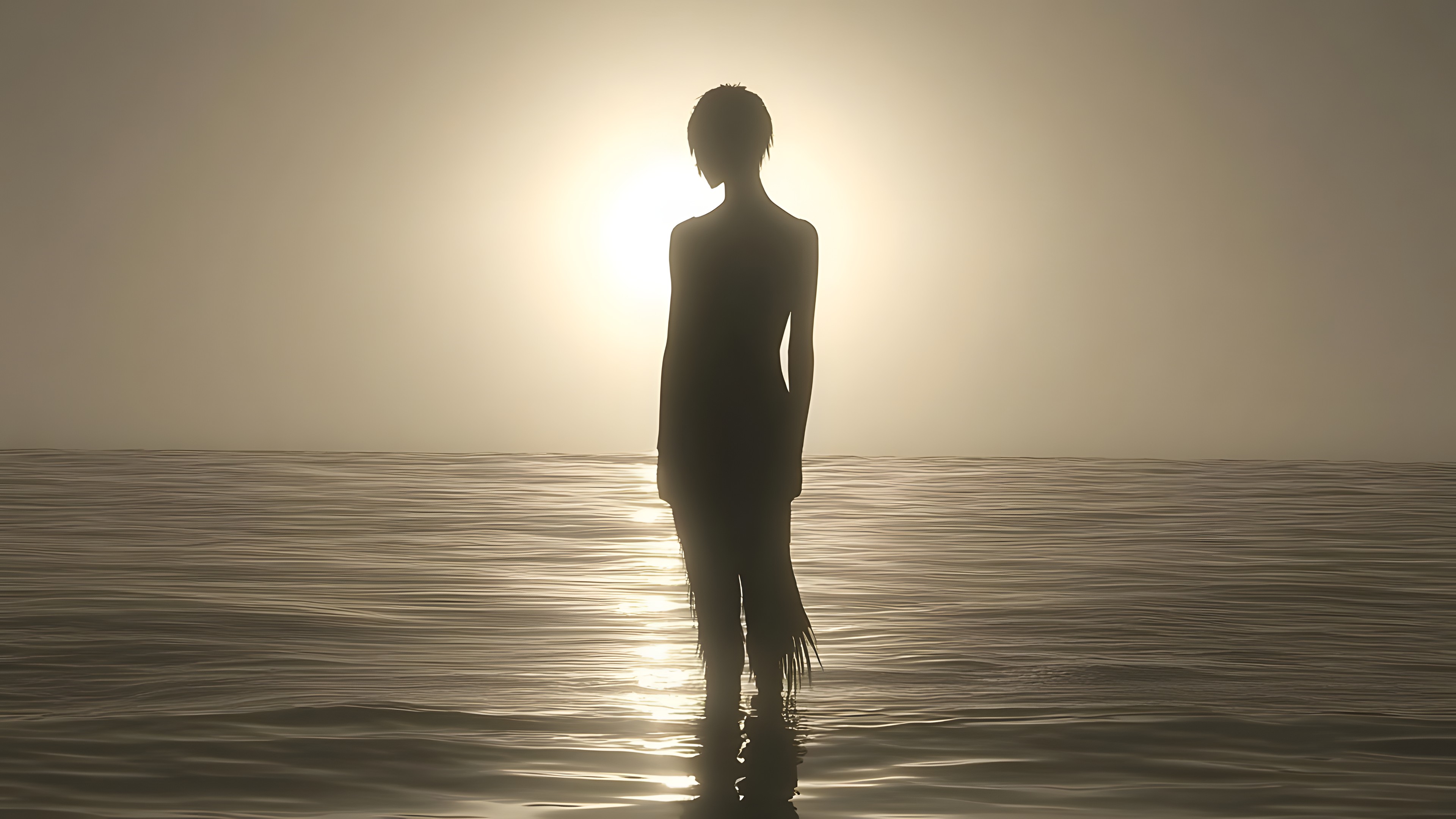 Standing, Silhouette, Horizon, Liquid, Sea, Reflection, People in nature, Dusk, Morning, Evening, Ocean, Backlighting, Sunlight, Black and white, Monochrome, Sunset, Beach, Shadow, Wave, Balance