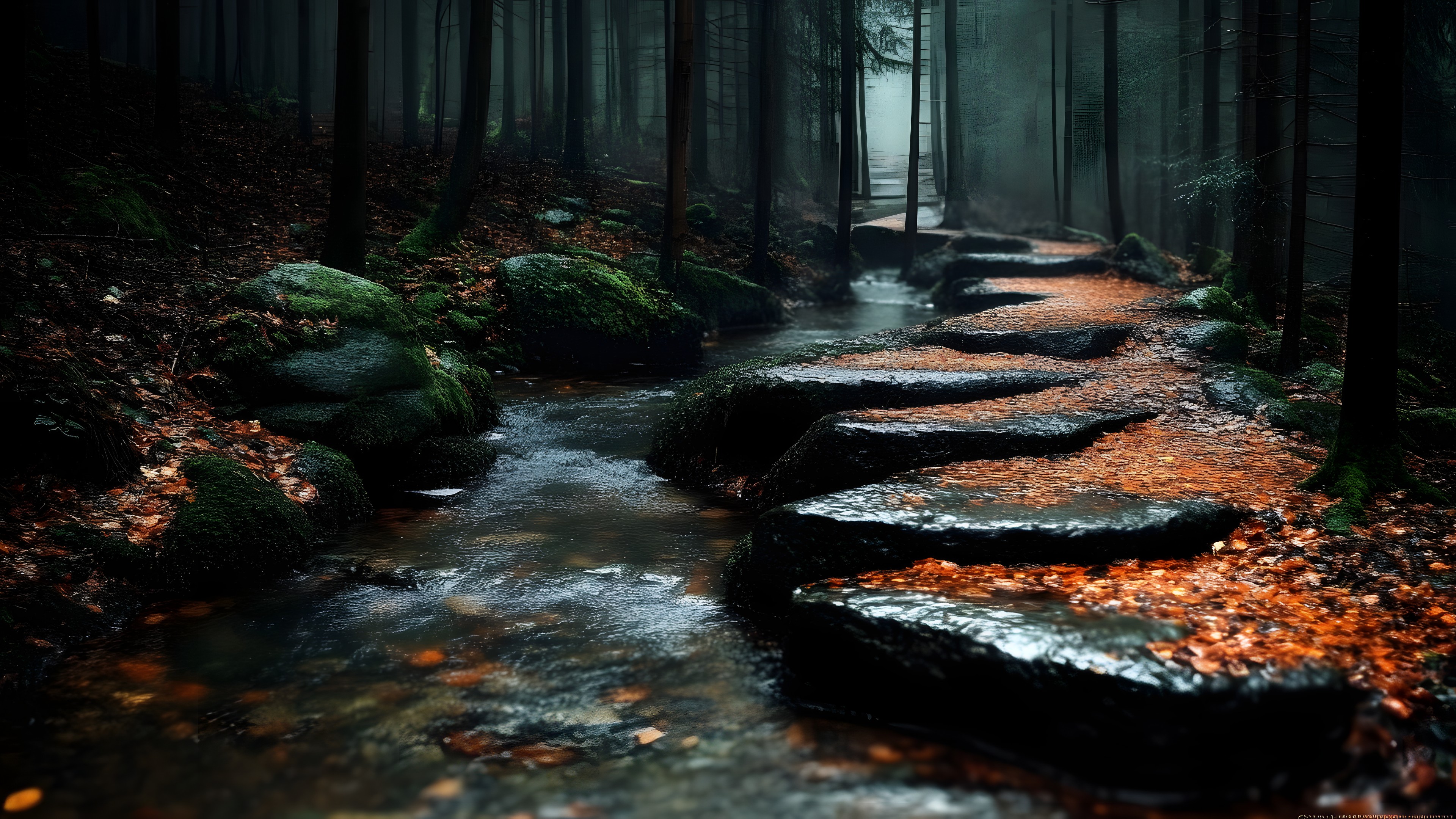 Nature, Natural landscape, Stream, Forest, Rock, Wilderness, atmospheric phenomenon, Woodland, Trunk, Jungle, Old-growth forest, Creek, Northern hardwood forest, Fluvial landforms of streams, Rainforest, Arroyo, Riparian zone, Trail, Spruce-fir forests, Valdivian temperate rain forest