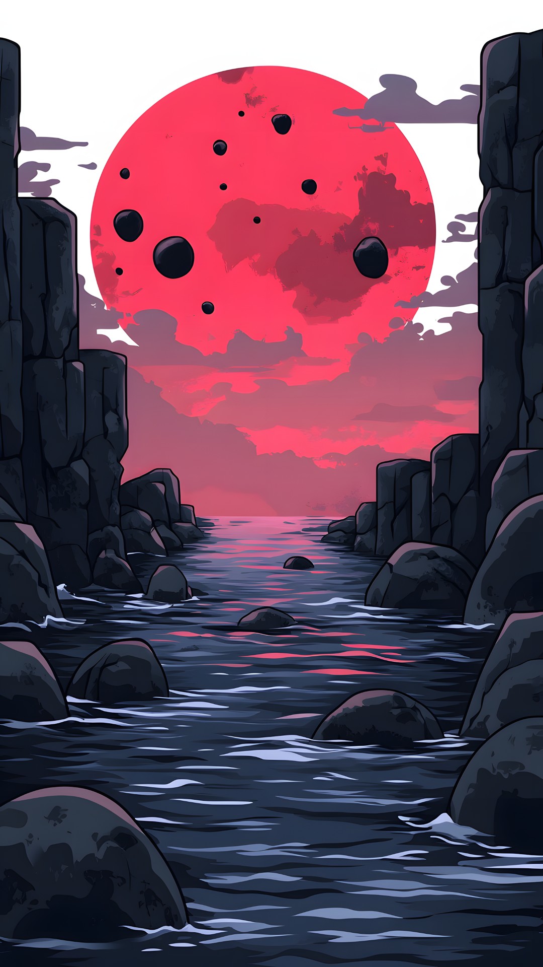 Red, Astronomical object, Moon, Red sky at morning, Dusk, Moonlight, Celestial event, Animation, Full moon, Afterglow, Sunset, Night, Graphics, Fictional character, Sunrise, Animated cartoon, Graphic design