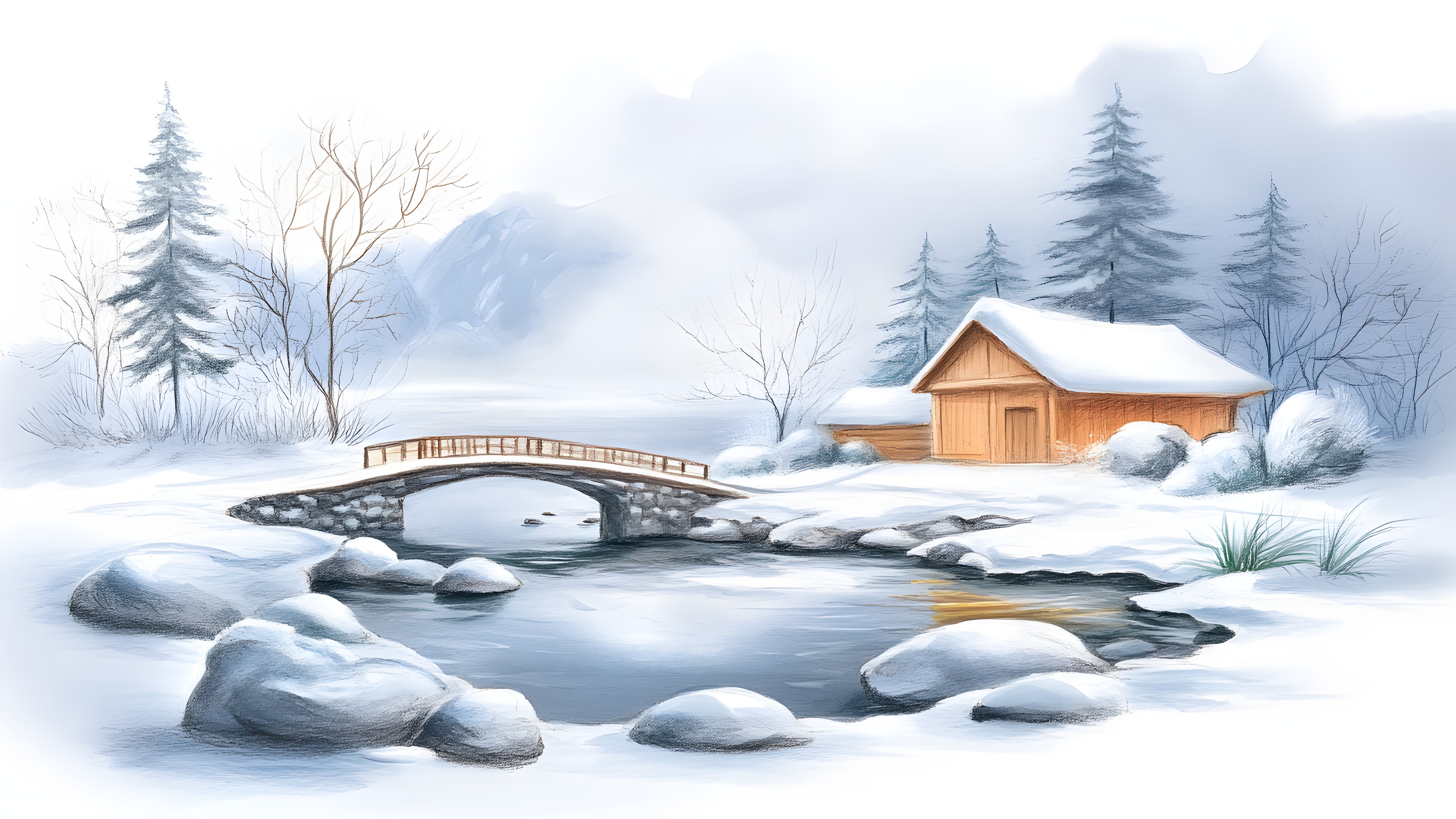 Winter, Snow, Freezing, Frost, Precipitation, Twig, Watercolor painting, Ice, Bridge, Winter storm, Conifers, Hut, Fir, Evergreen, Pine family