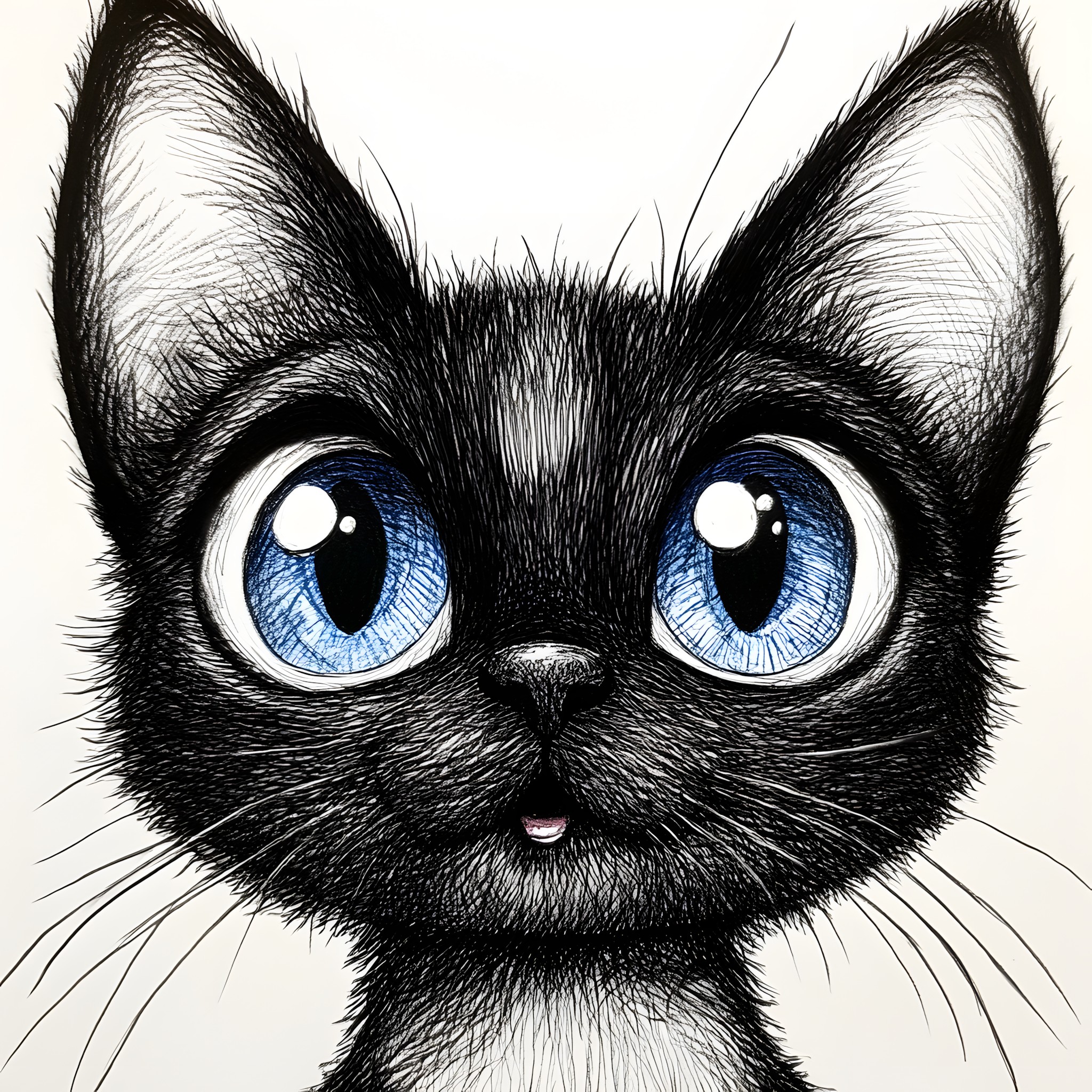 Cat, Facial expression, Felinae, Felidae, Whiskers, Snout, Black, Iris, Black and white, Drawing, Illustration, Sketch, Line art, Graphics, Kitten, Clip art, Fur