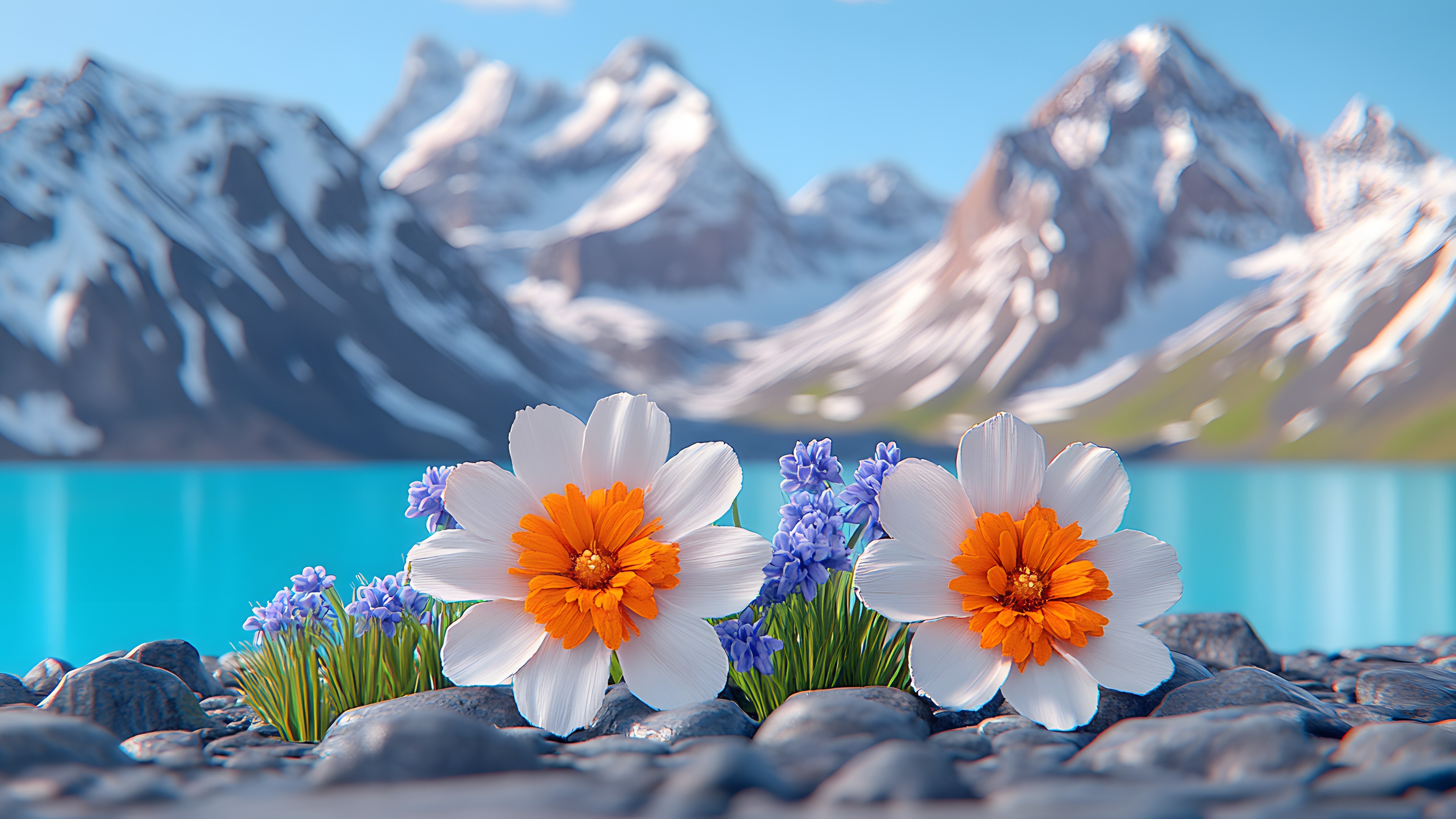 Flower, Blue, Mountainous landforms, Mountain, Petal, Mountain range, Glacier, Glacial landform, Alps, Flowering plant, Ridge, Reflection, Wildflower, Valley, Summit, Winter, Mountain river, Massif, Lake District, Mount Scenery