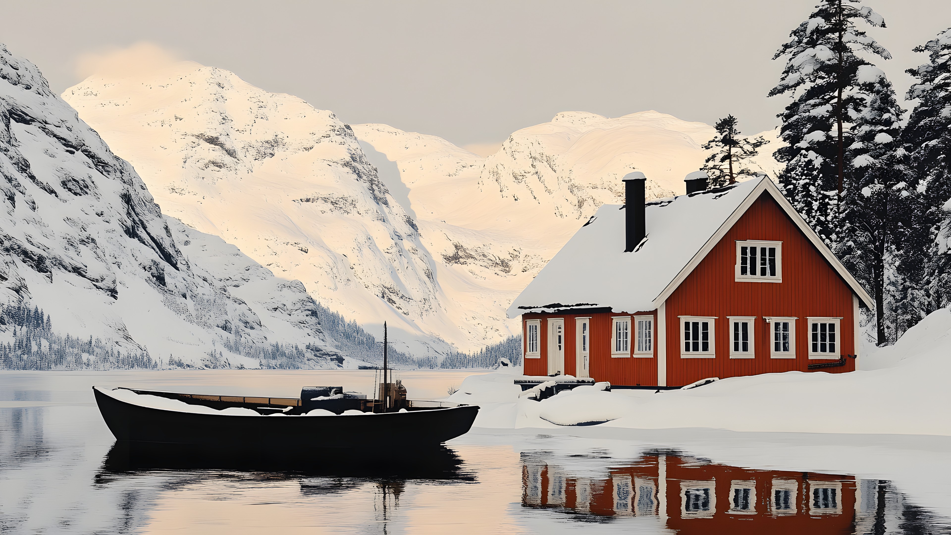 Snow, Winter, House, Cottage, Glacial landform, Home, Freezing, Ice cap, Lake, Hut, Mountain range, Ice, Sound, Reflection, Glacier, Log cabin, Loch, Glacial lake, Lake District, Sugar shack