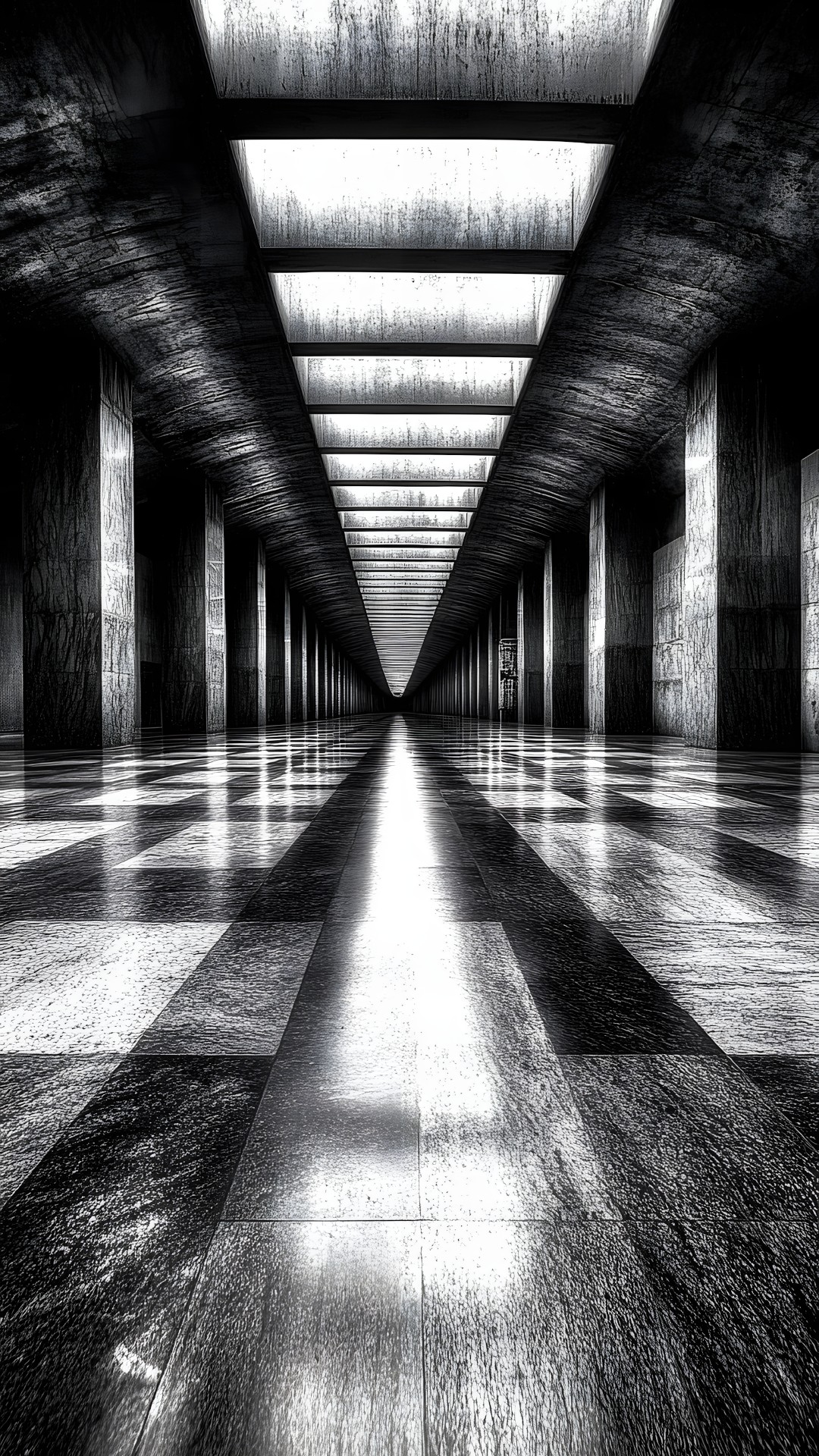 White, Monochrome photography, Floor, Monochrome, Black and white, Silver, Column, Concrete, Symmetry, Tile, Walkway, Subway, Plank, Shadow, Still life photography