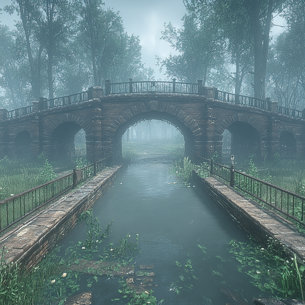 Bridge, atmospheric phenomenon, Mist, Waterway, Watercourse, Fog, Arch bridge, Canal, Arch, Stream, Haze, River, Fluvial landforms of streams, List of nonbuilding structure types, Aqueduct, Walkway, Humpback bridge, Wetland, Bayou, Concrete bridge