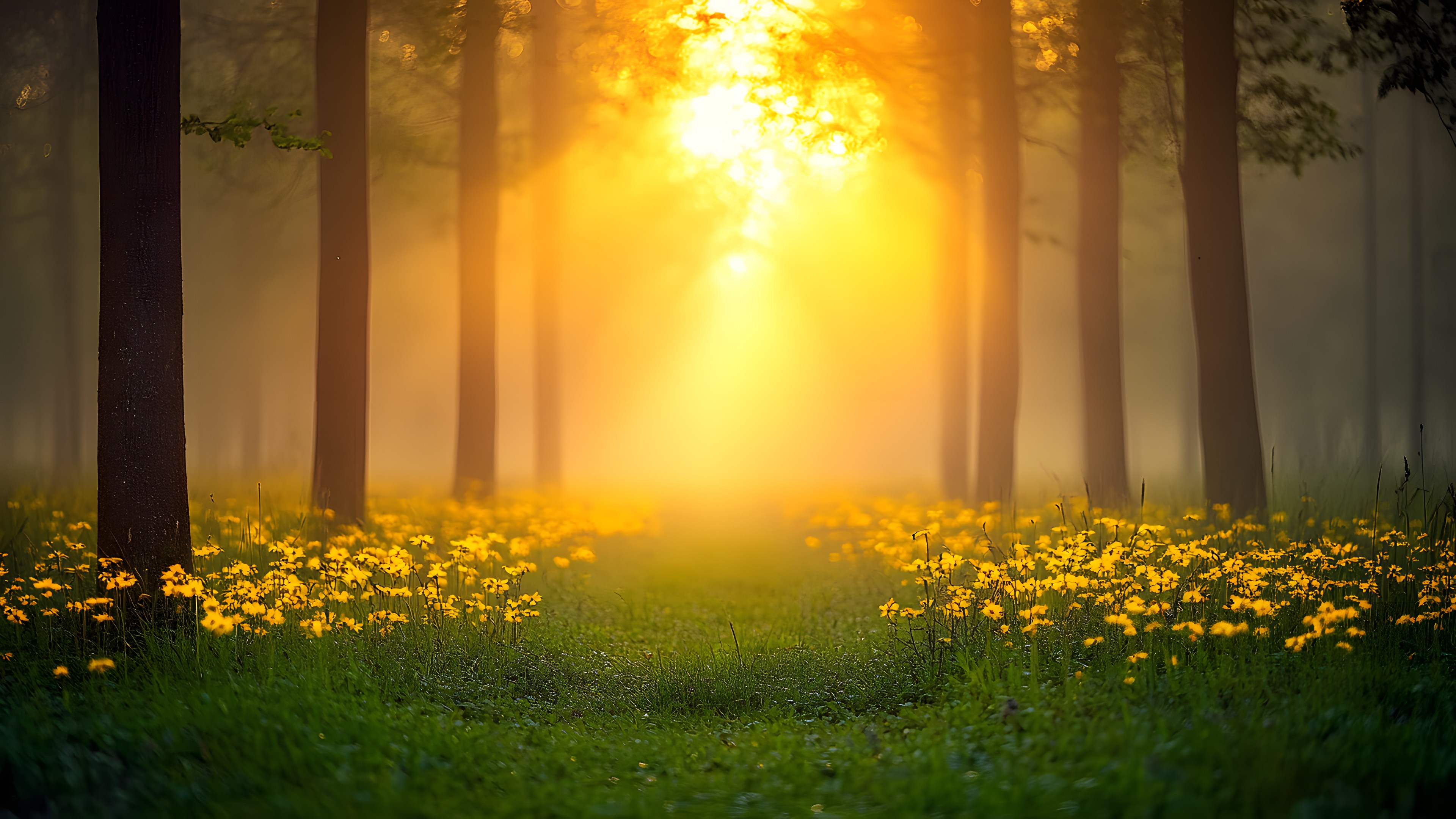 Nature, Yellow, Natural landscape, atmospheric phenomenon, Sunrise, Sun, Sunlight, People in nature, Morning, Forest, Spring, Mist, Fog, Lens flare, Astronomical object, Backlighting, Woodland, Heat, Dawn, Evening