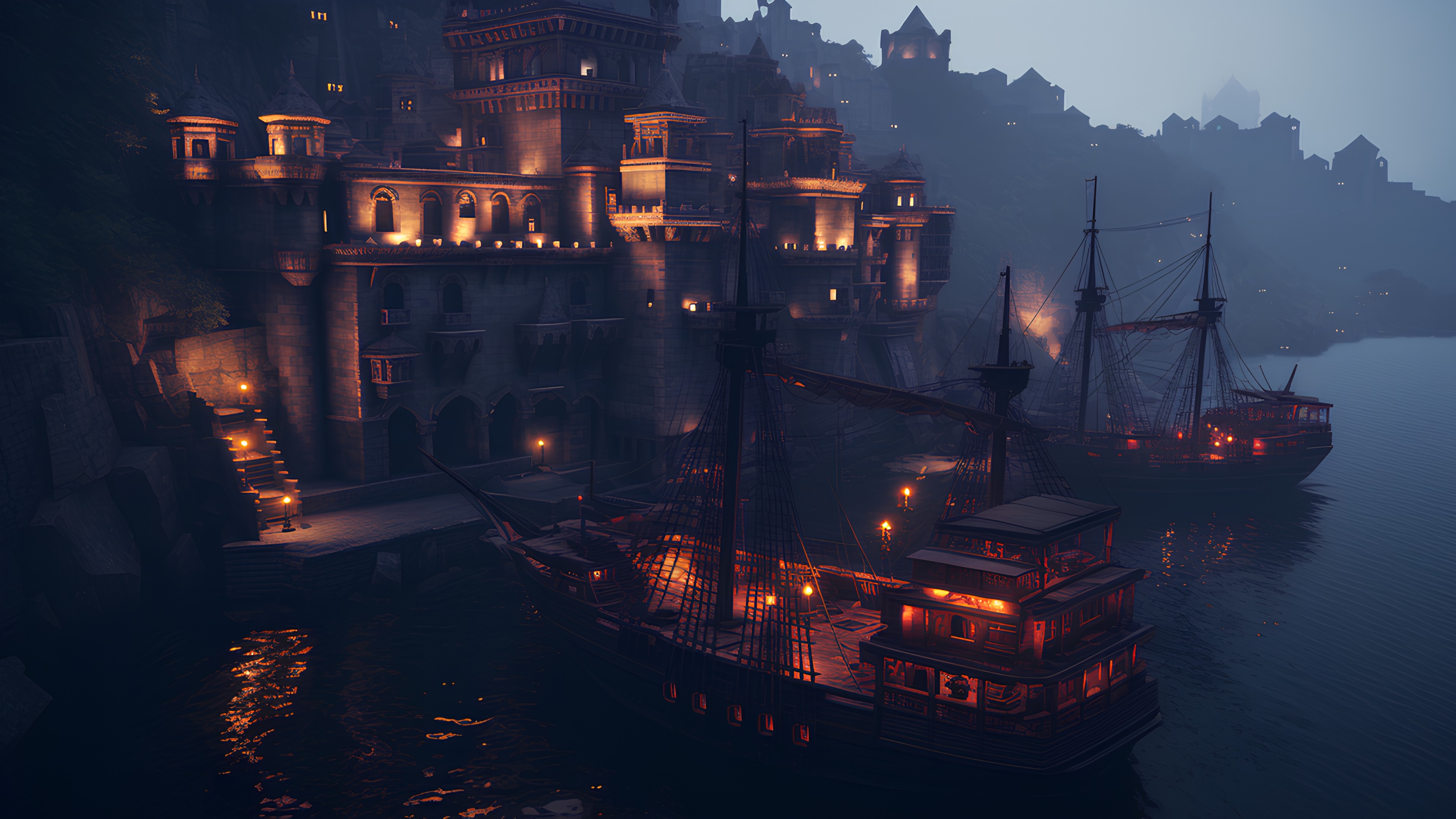 Water, Boat, Watercraft, Dusk, Atmospheric phenomenon, Electricity, Building, Vehicle, Morning, Window, Sky, Naval architecture, City, Landscape, Heat, Horizon, Ship, Fog, Midnight, Evening