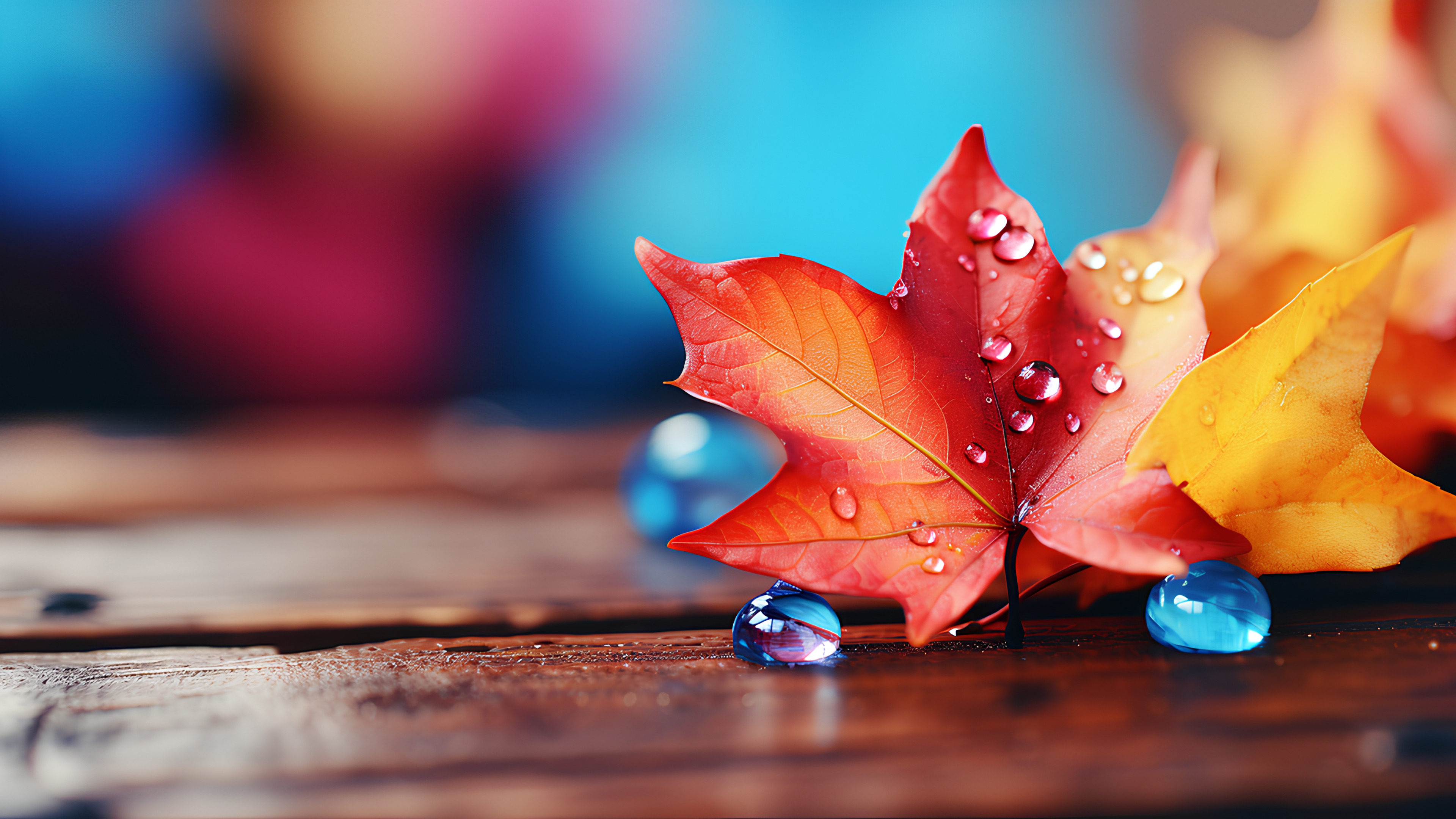 Colorfulness, Water, Liquid, Sky, Petal, Plant, Wood, Orange, Natural landscape, Red, Terrestrial plant, Tints and shades, Deciduous, Drop, Art, Twig, Electric blue, Moisture, Landscape, Macro photography