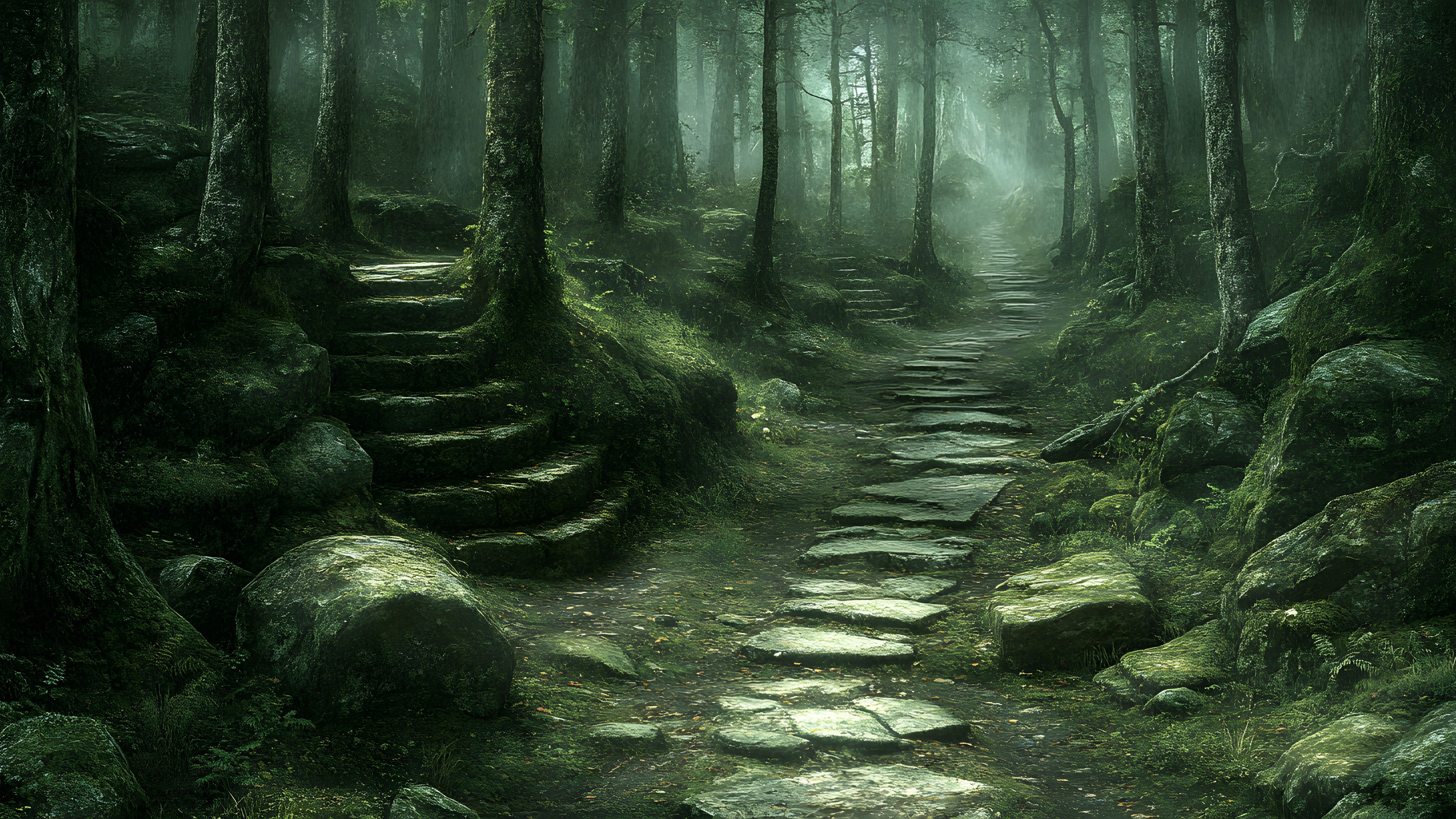 Natural environment, Forest, atmospheric phenomenon, Jungle, Old-growth forest, Woodland, Trail, Trunk, Rainforest, Northern hardwood forest, Valdivian temperate rain forest, Temperate broadleaf and mixed forest, Grove, Tropical and subtropical coniferous forests, Spruce-fir forests, Mist, Path, Stairs, Moss, Fog