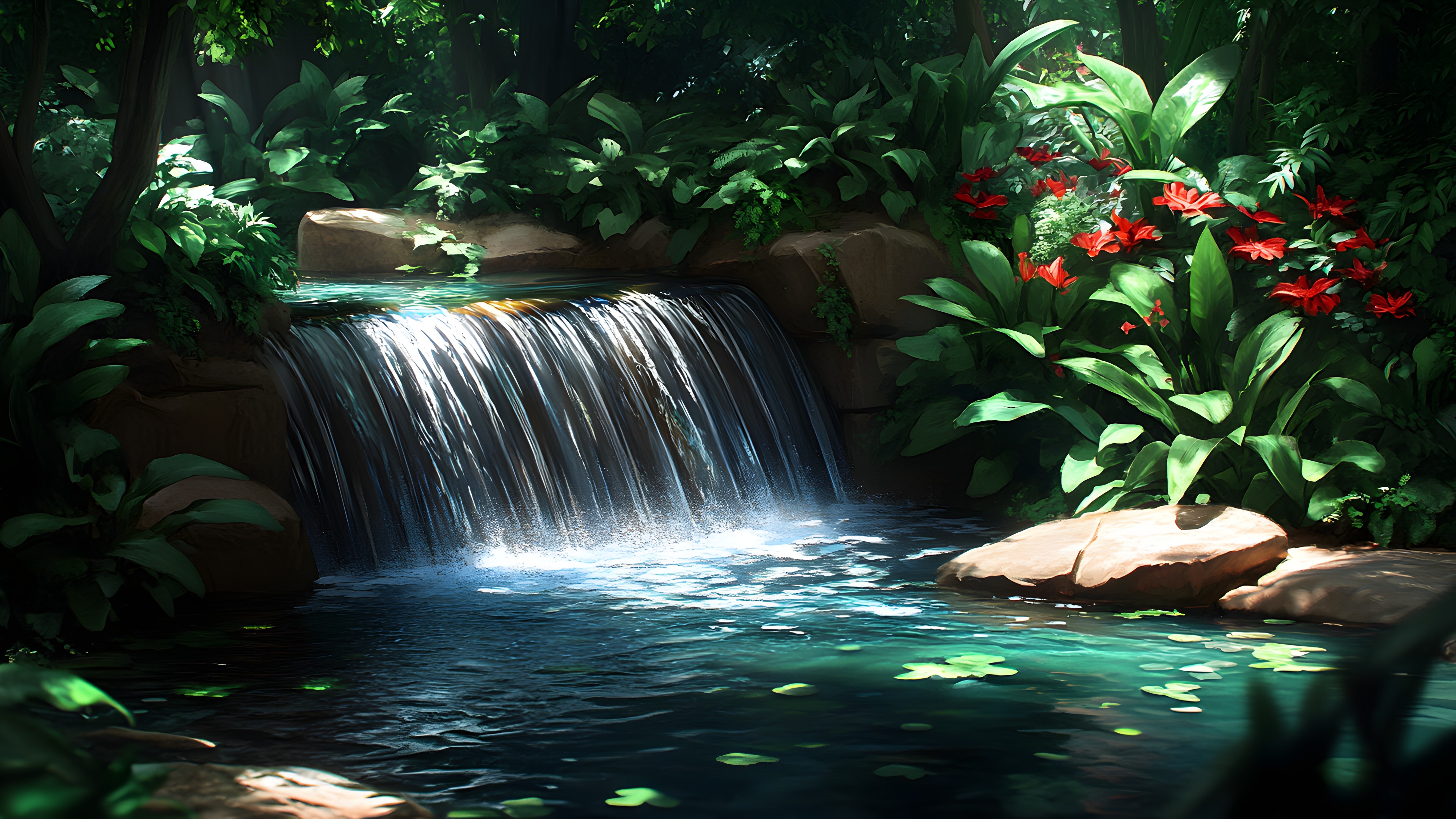 Water, Body of water, Waterfall, Nature, Green, Stream, Natural landscape, Watercourse, Water feature, Rock, Spring, Forest, Jungle, Rainforest, Mountain river, Fluvial landforms of streams, Creek, Garden, Valdivian temperate rain forest, Riparian forest
