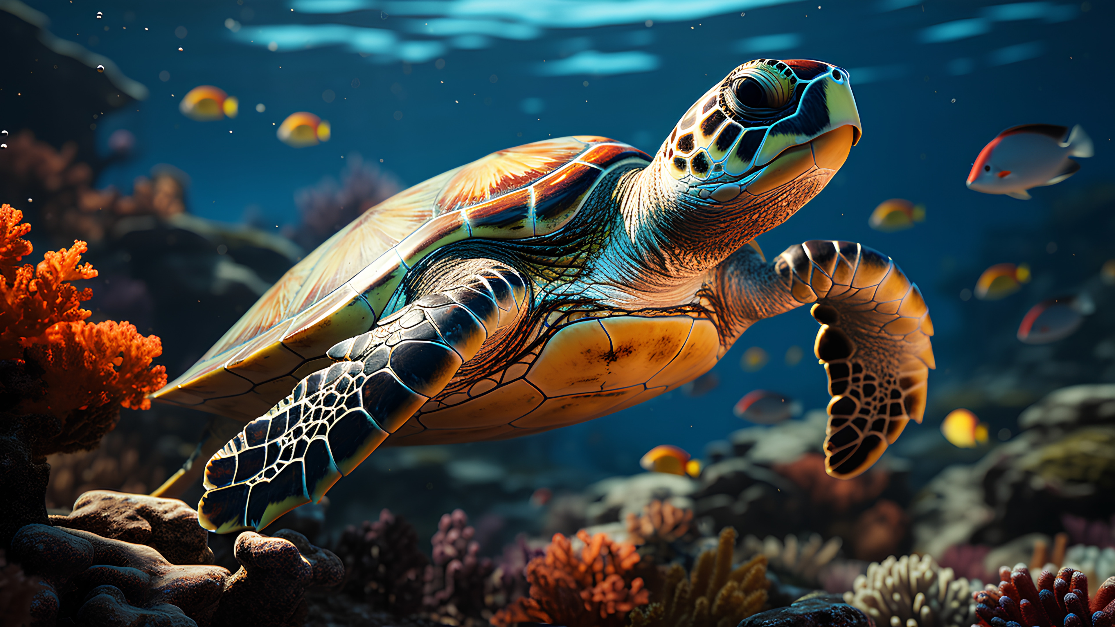 Water, Hawksbill sea turtle, Nature, Loggerhead sea turtle, Organism, Reptile, Underwater, Turtle, Adaptation, Marine biology, Art, Green sea turtle, Olive ridley sea turtle, Kemp's ridley sea turtle, Sea turtle, Reef, Terrestrial animal, Wildlife, Electric blue, Macro photography