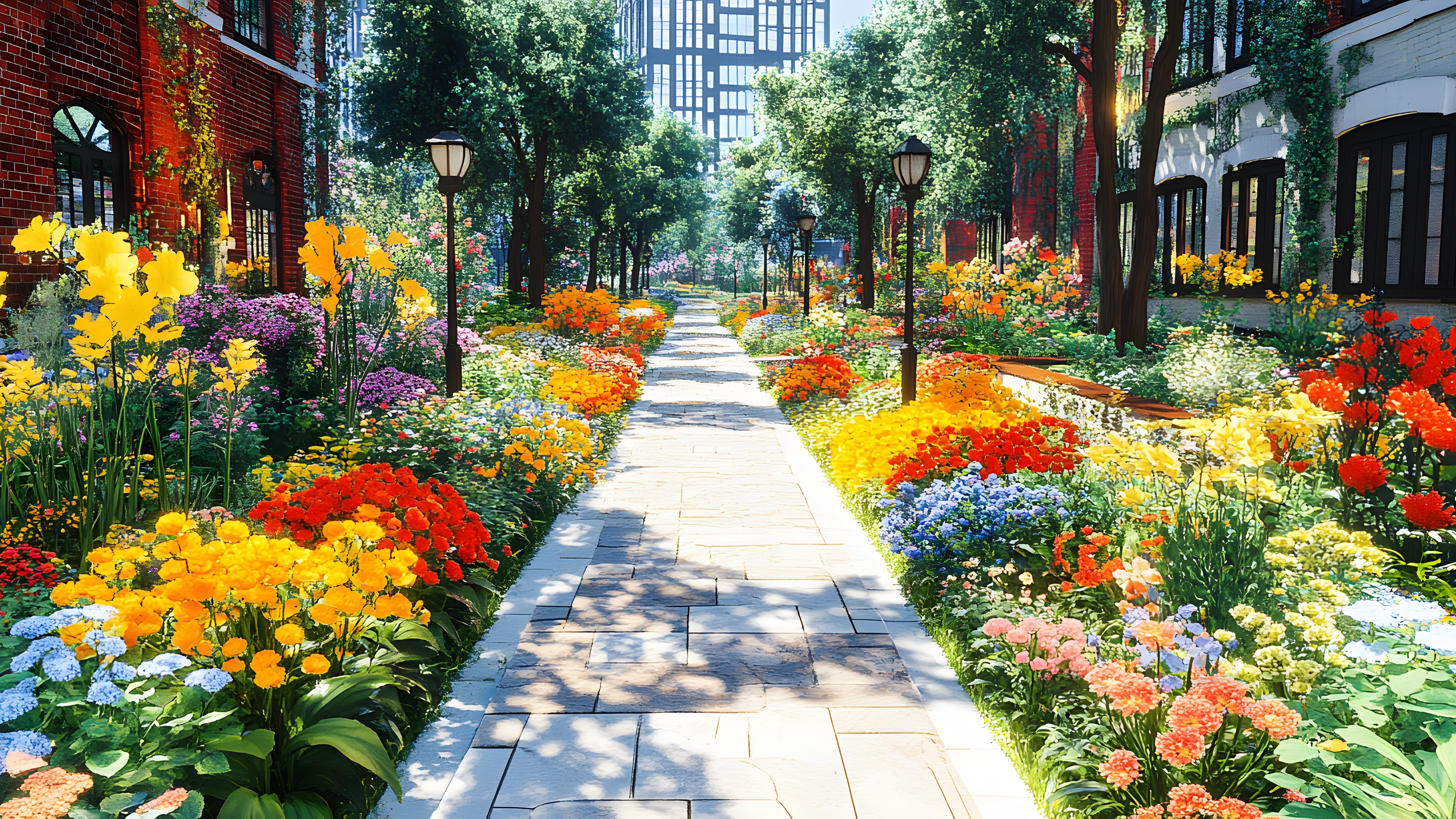 Flower, Green, Plants, Yellow, Garden, Shrub, Petal, Spring, Landscaping, Botanical garden, Walkway, Design, Tulip, Plantation, Perennial plant, Park, Floristry, Lilies, Floral design, Geraniums