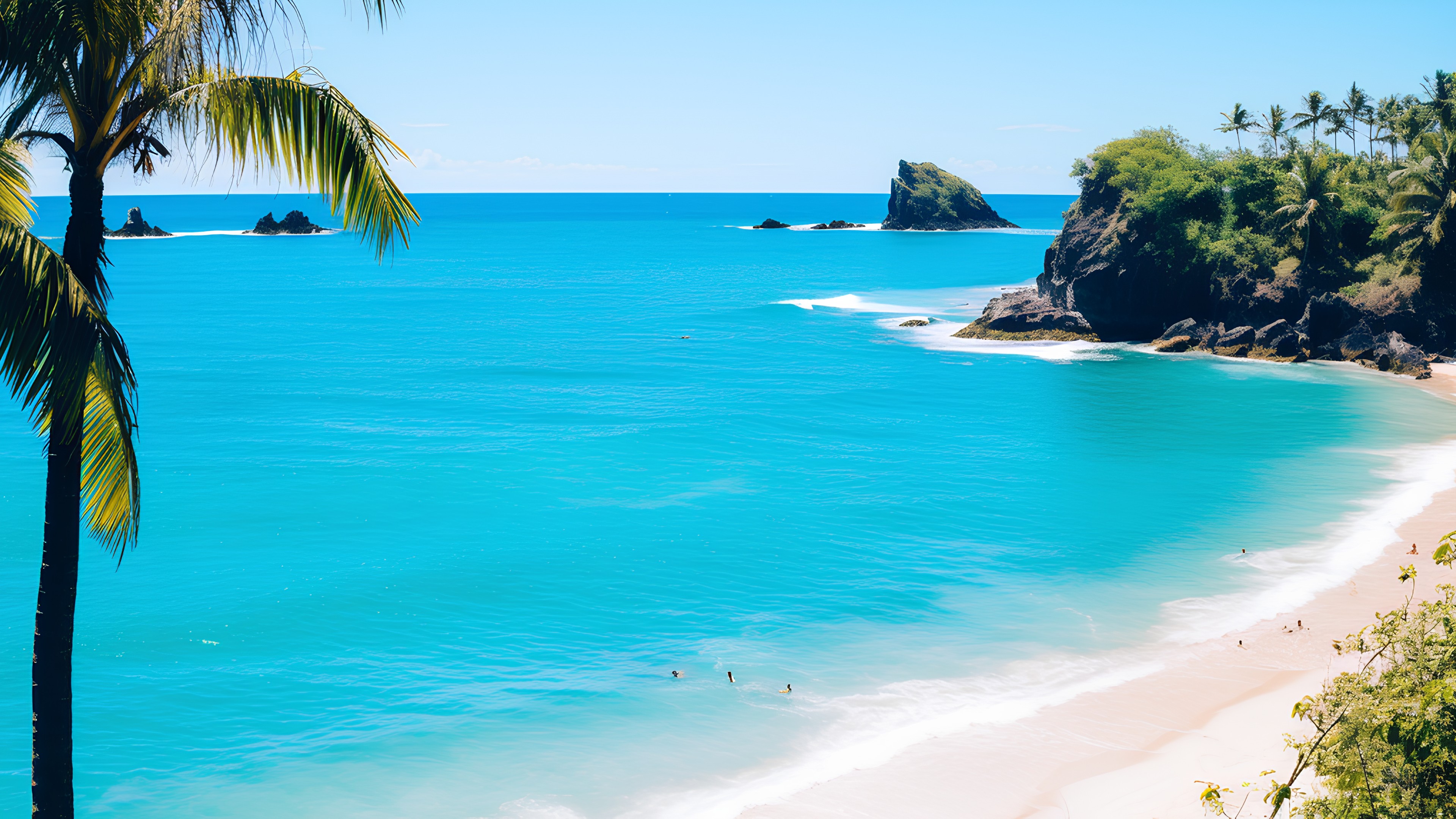 Water, Sky, Blue, Azure, Tree, Natural landscape, Vegetation, Beach, Coastal and oceanic landforms, Arecales, Aqua, Landscape, Plant, Wind wave, Horizon, Headland, Leisure, Travel, Island, Palm tree