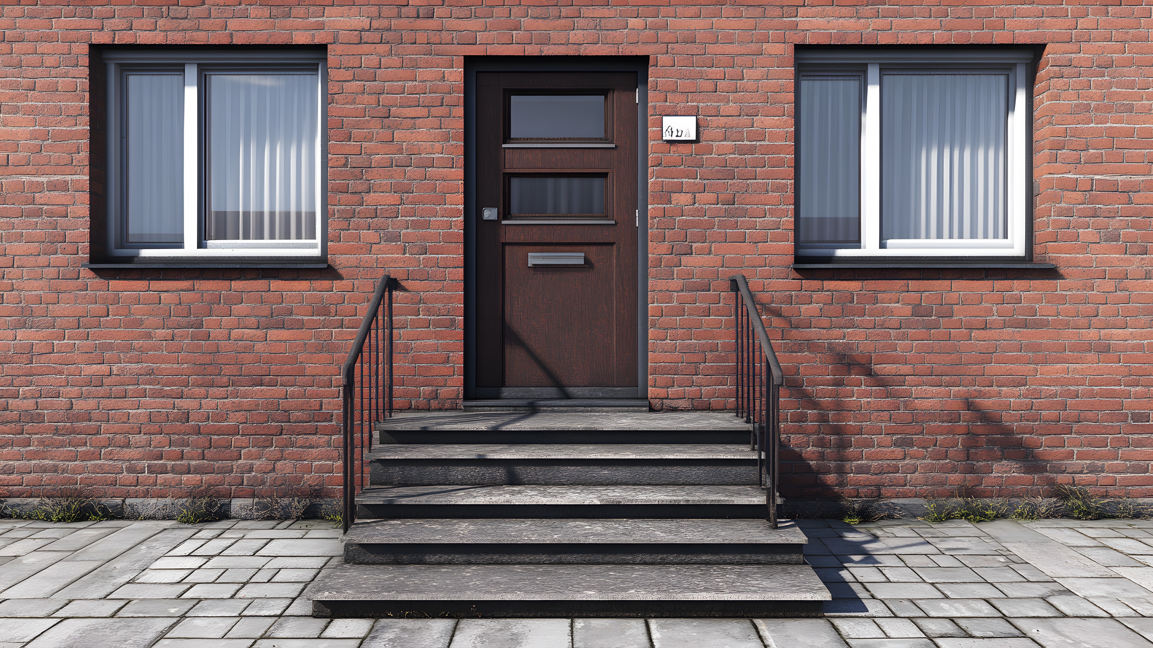 Brown, Building, Daytime, Window, Property, Fixture, Wood, Rectangle, Brickwork, Lighting, Stairs, Brick, Road surface, Architecture, Door, Building material, House, Neighbourhood, Wall, Facade