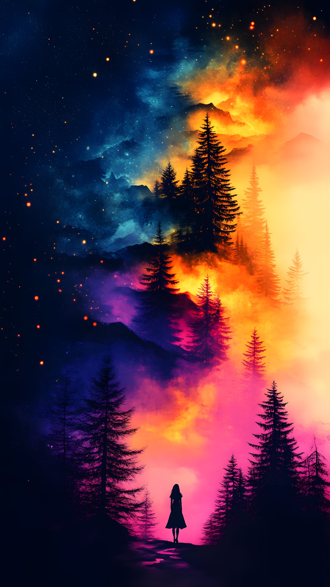 Nature, Astronomical object, atmospheric phenomenon, Orange, Forest, Star, Evening, Sunrise, Red sky at morning, Afterglow, Night, Dusk, Aurora, Meteorological phenomenon, Sunset, Winter, CG artwork, Old-growth forest, Universe, Dawn