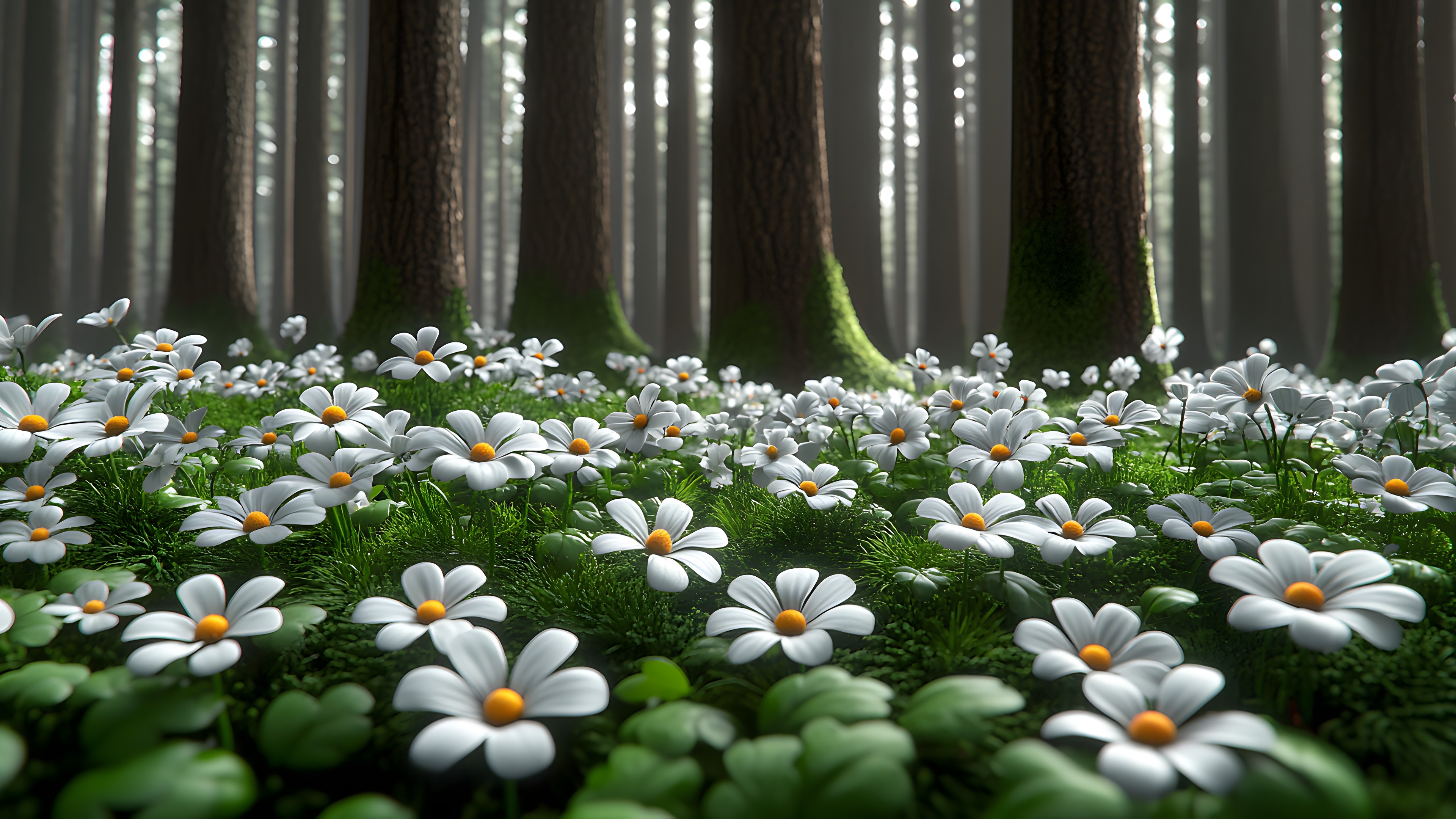 Groundcover, Petal, Spring, Forest, Wildflower, Roman chamomile, Bellis, Perennial plant, Vascular plant, Grove, Daisy family, Marguerite daisy, Old-growth forest, Tanacetum, Tropical and subtropical coniferous forests, Chamomile
