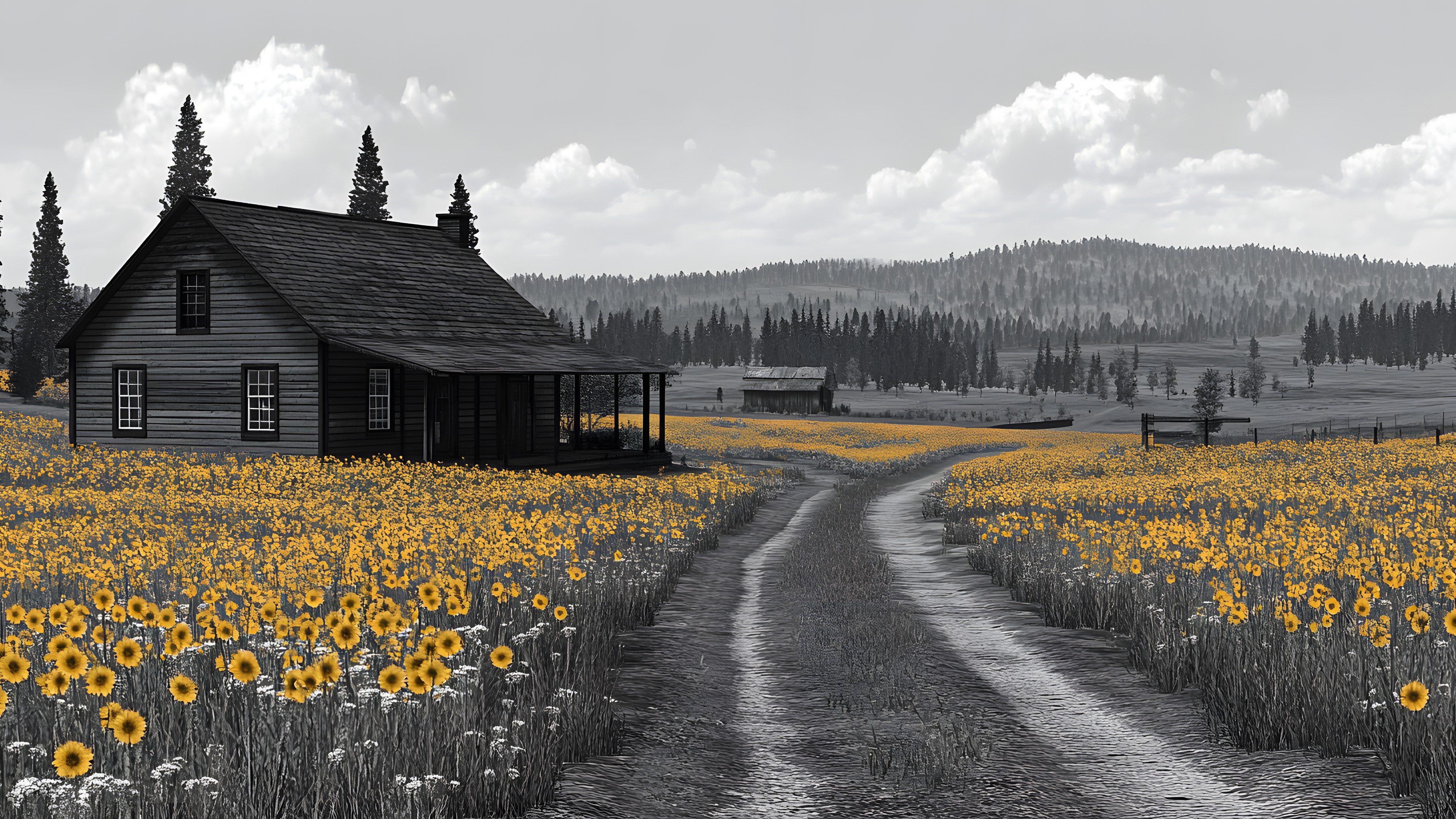 Plants, House, Cloud, Cottage, Rural area, Field, Prairie, Hut, Meadow, Farm, Shed, Barn, Agriculture, Croft, Farmhouse, Village, Wildflower, Cumulus, Garden buildings, Meteorological phenomenon