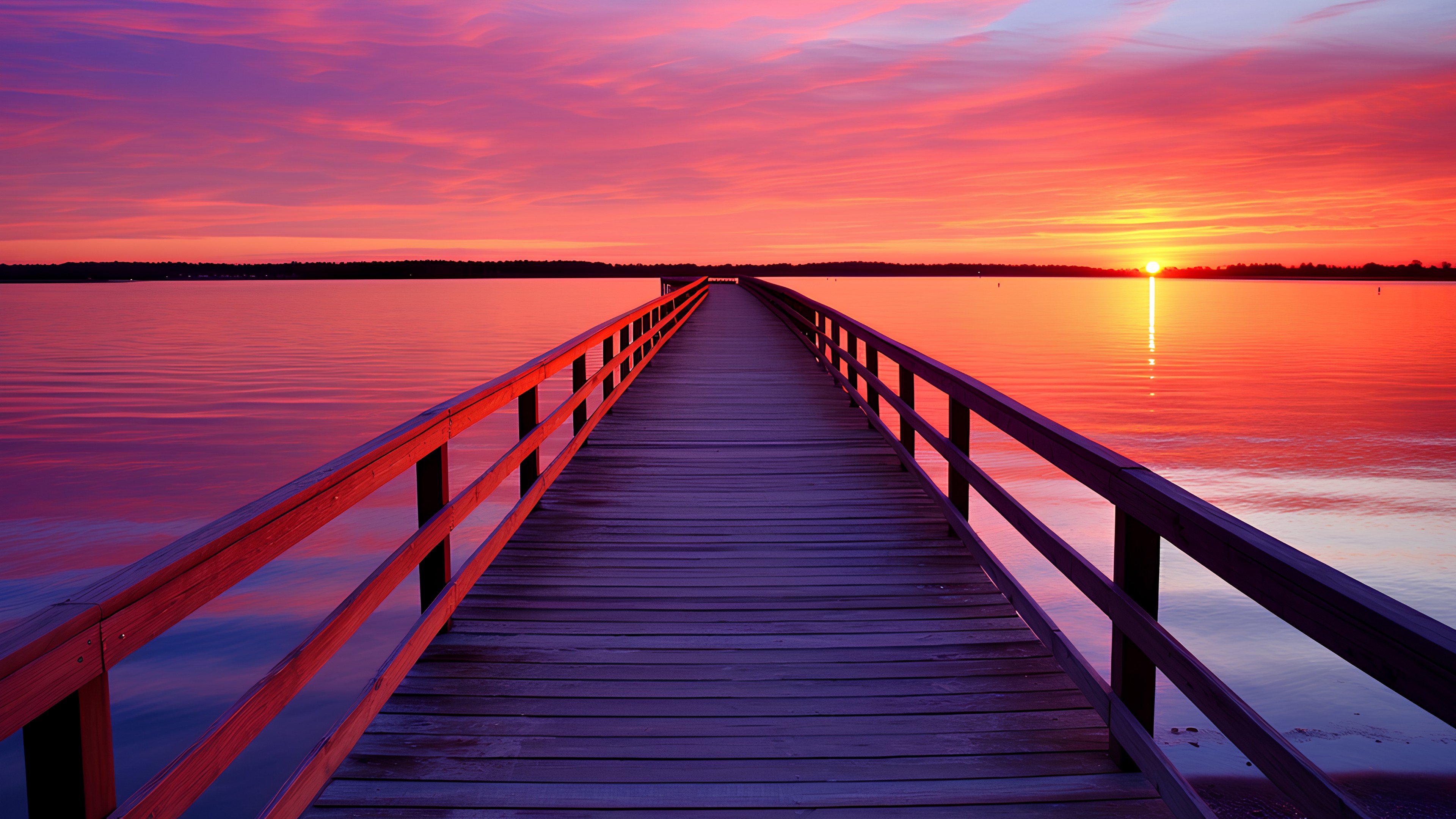 Water, Sky, Cloud, Daytime, Light, Tree, Afterglow, Natural landscape, Wood, Sunlight, Lake, Dusk, Dock, Red sky at morning, Horizon, Landscape, Sunset, Symmetry, Sunrise, Summer