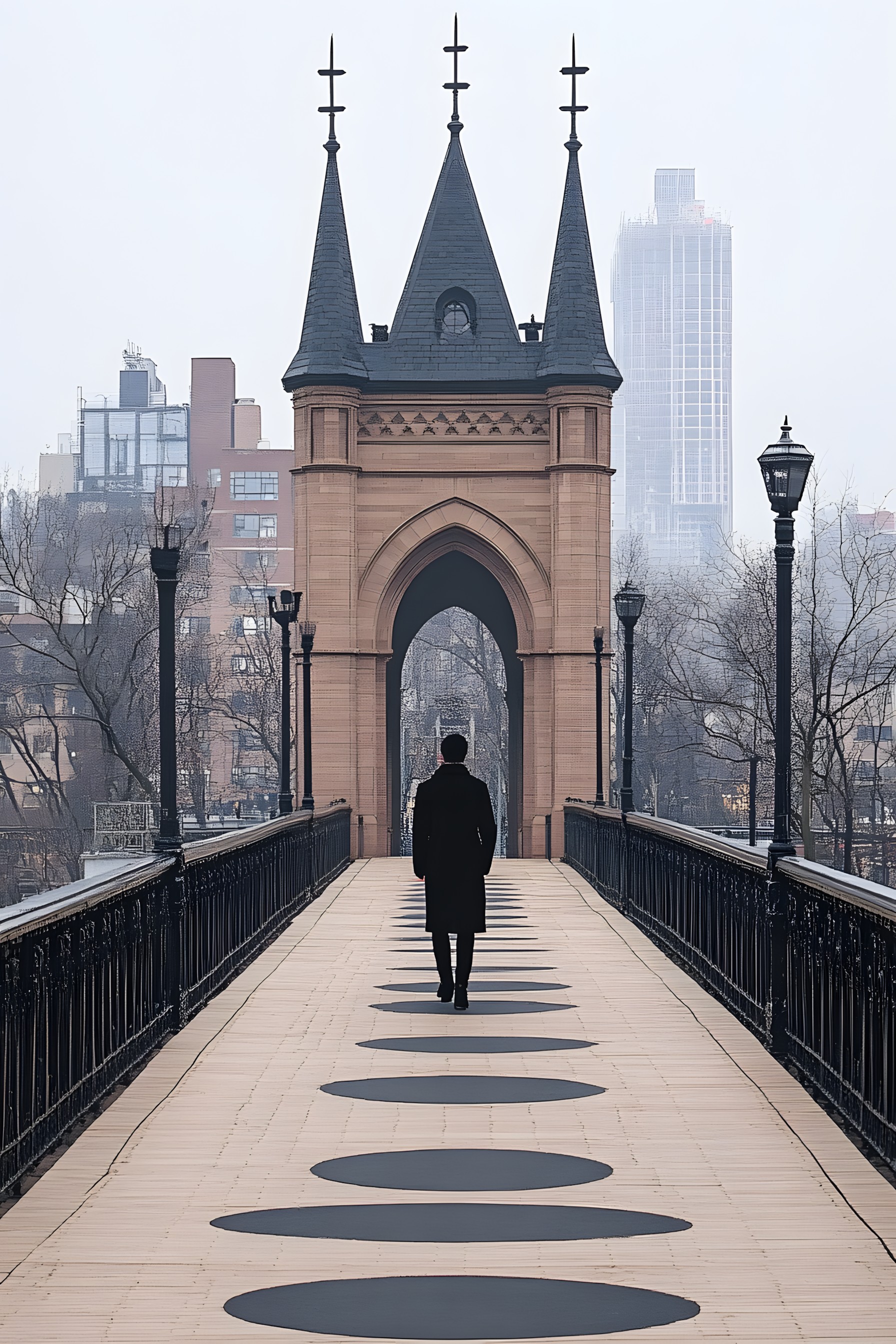 Bridge, Walkway, List of nonbuilding structure types, Spire, Evening, Steeple, Walking, Turret, Fence, Bridge–tunnel, Handrail, Shadow