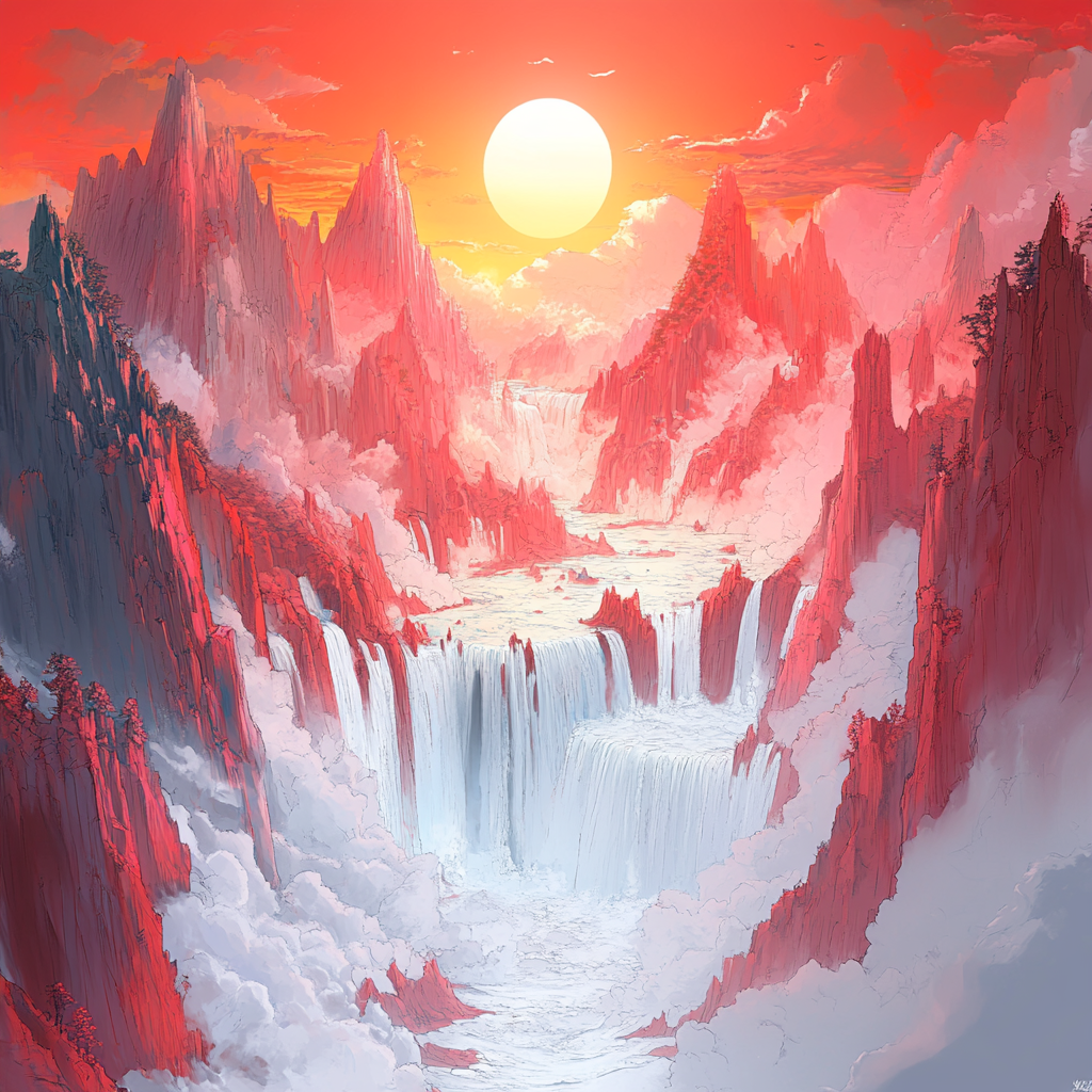 Red, geological phenomenon, Orange, Winter, Sunrise, Red sky at morning, Glacial landform, Glacier, Ice, Watercolor painting, Afterglow, Ice cap, Snow, Graphics, Sunset, Meteorological phenomenon, Acrylic paint, Dawn, Freezing, Summit