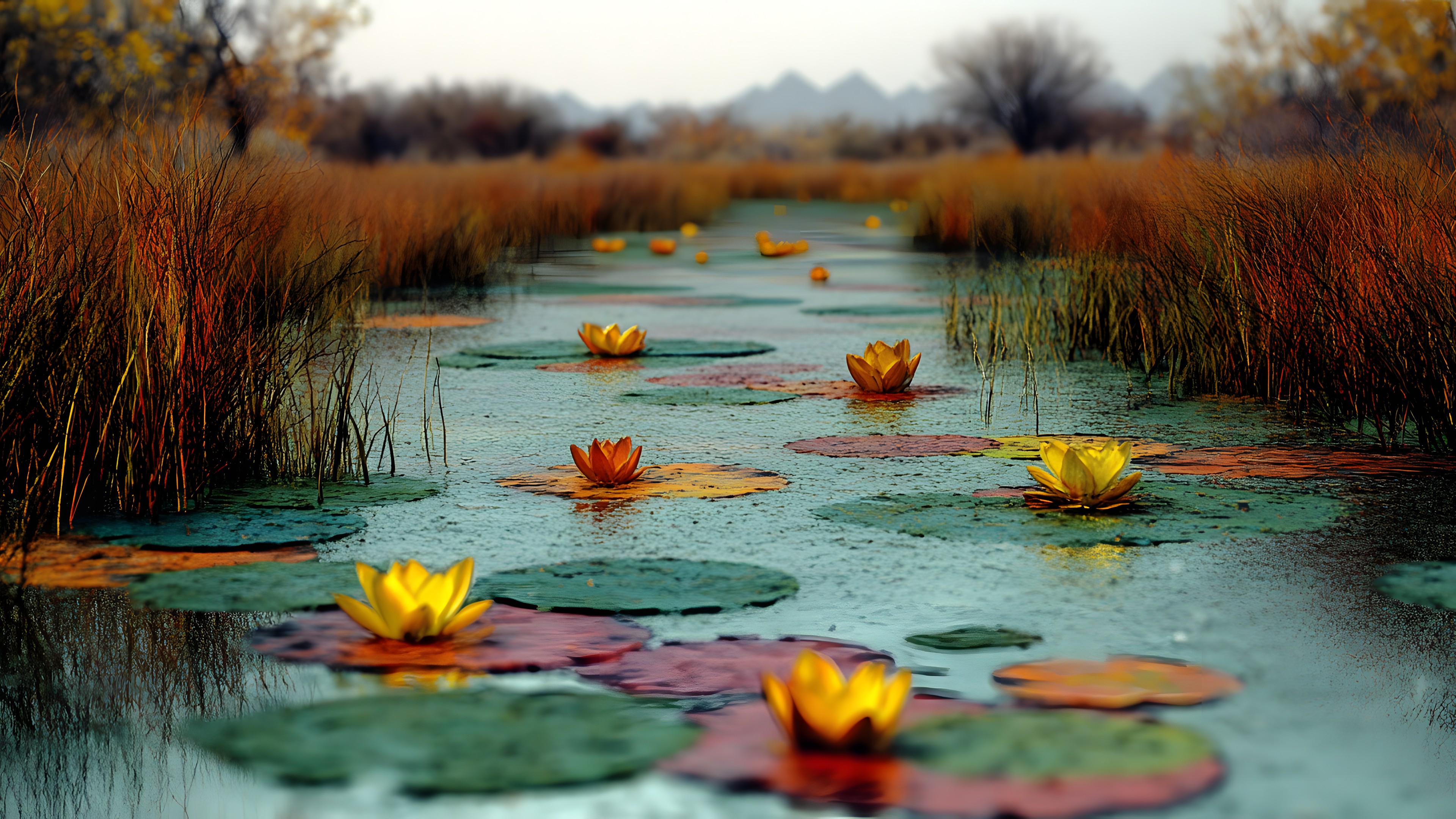 Green, Yellow, Wetland, Reflection, Aquatic plant, Marsh, Lake, Freshwater marsh, Pond, Bog, Fen, Tidal marsh, Bayou, Water lilies, Lacustrine plain, Swamp, Autumn, Floodplain, Nymphaea nelumbo, Riparian zone