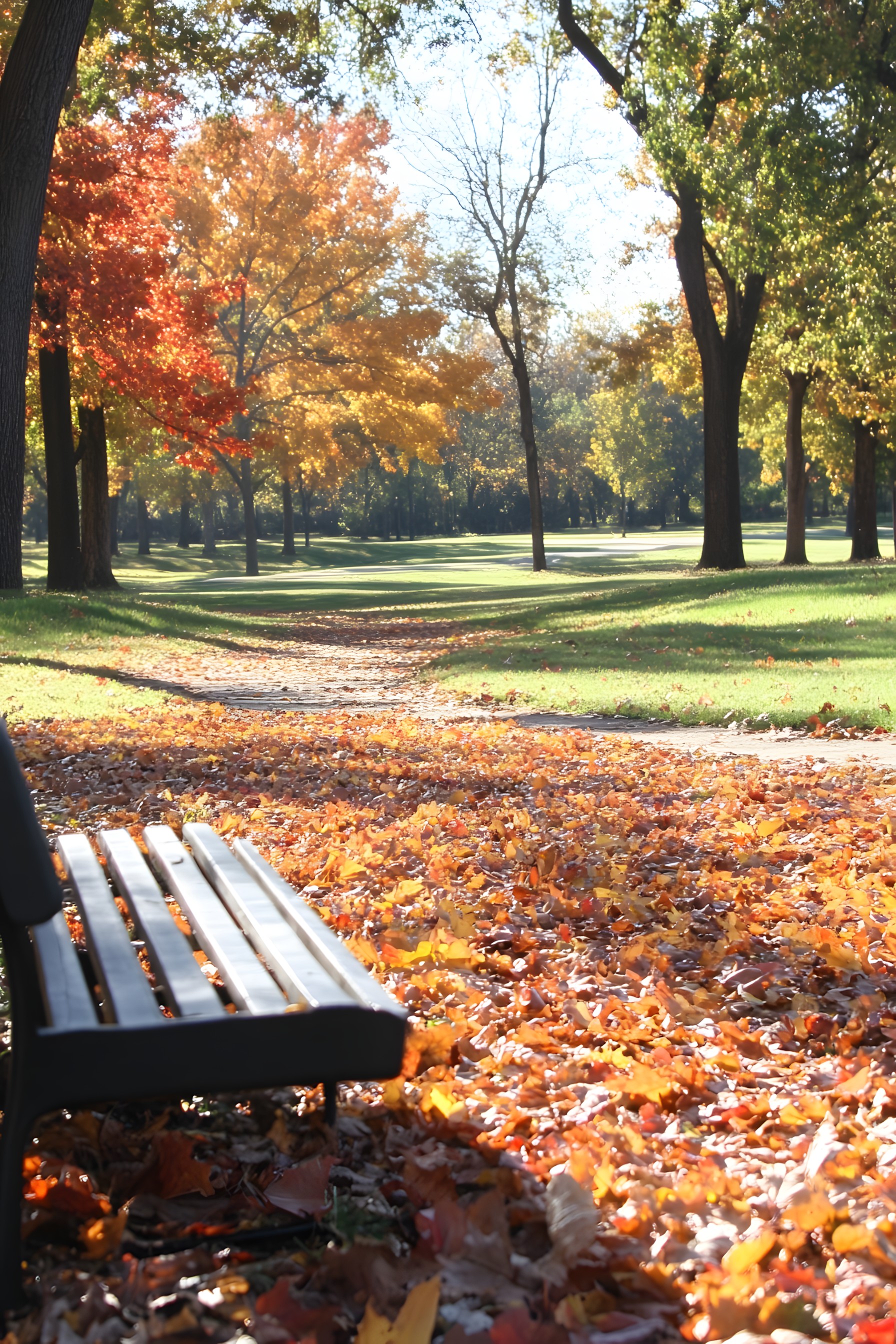 Outdoor Bench, Leaf, Yellow, Bench, Nature, Wood, Outdoor furniture, Autumn, Furniture, Landscape, Brown, Orange, Trunk, Street furniture, Shade, Groundcover, Sunlight, Park, Morning, Woody plant