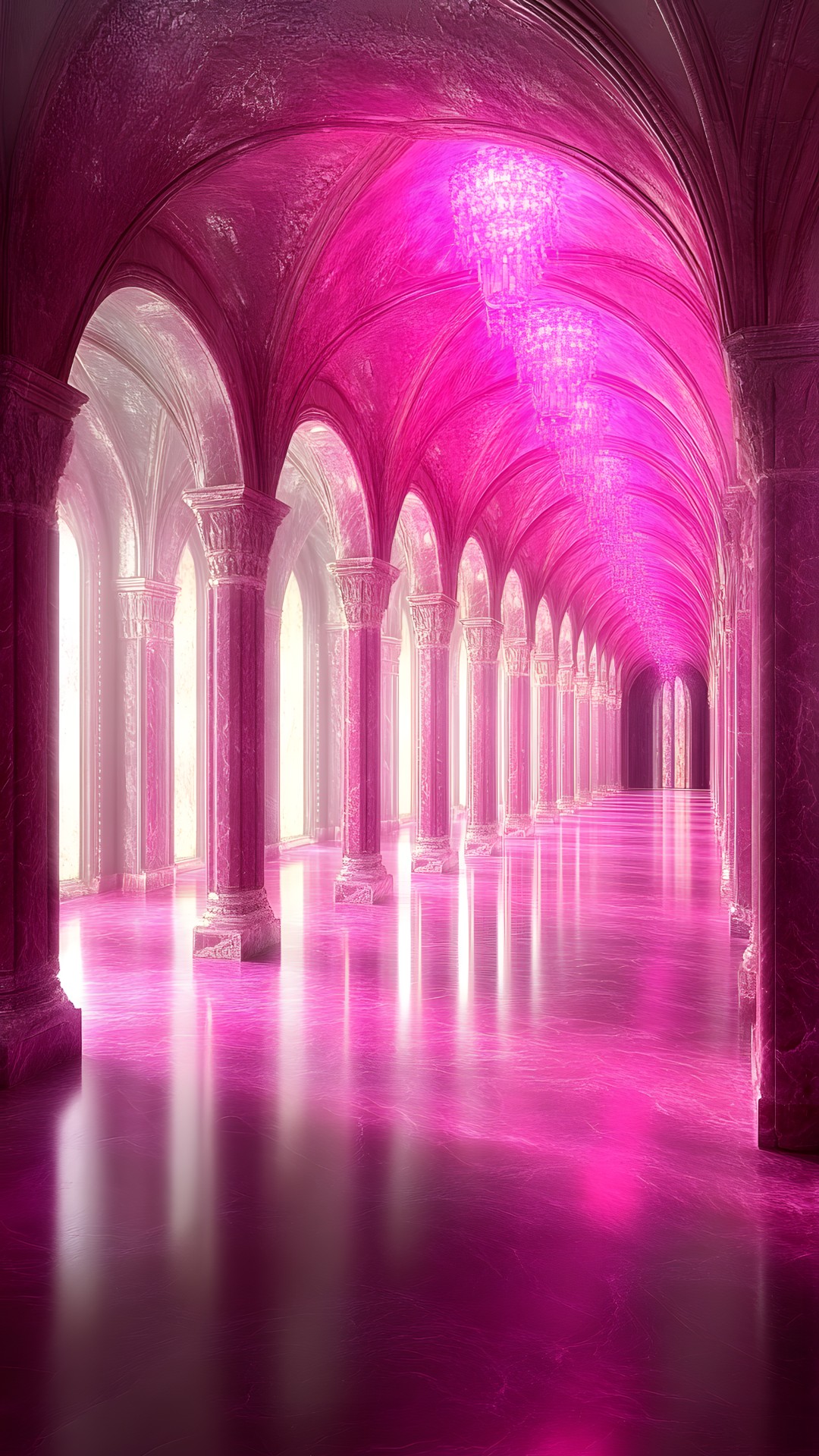 Arch, Pink, Lighting, Column, Purple, Arcade, Symmetry, Vault