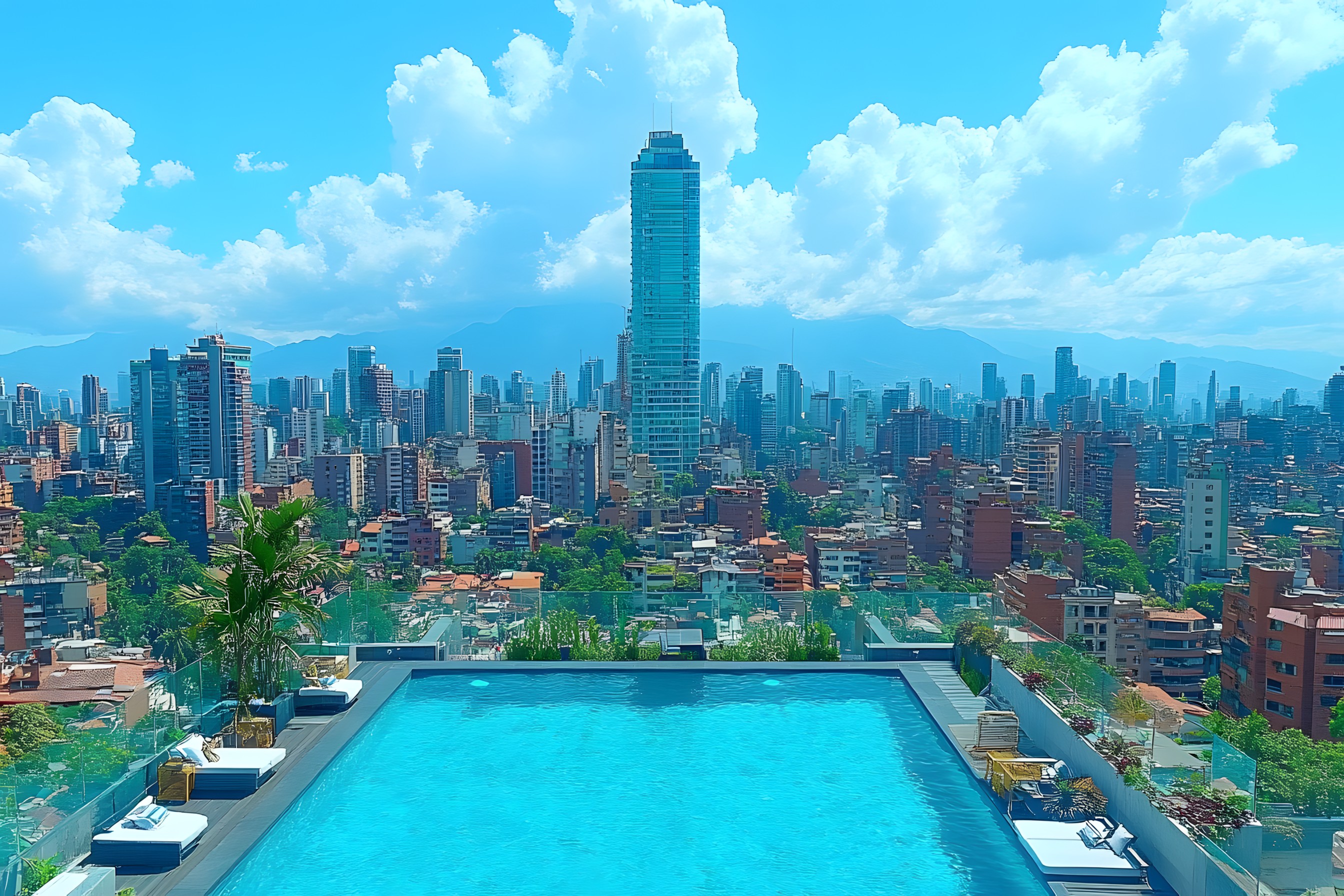 Daytime, Skyscraper, Urban area, City, Swimming pool, Metropolitan area, High-rise building, Town, Cloud, Metropolis, Apartment, Condominium, Cityscape, Human settlement, Composite material, Urban design, Tower, Skyline, Commercial building, Mixed-use