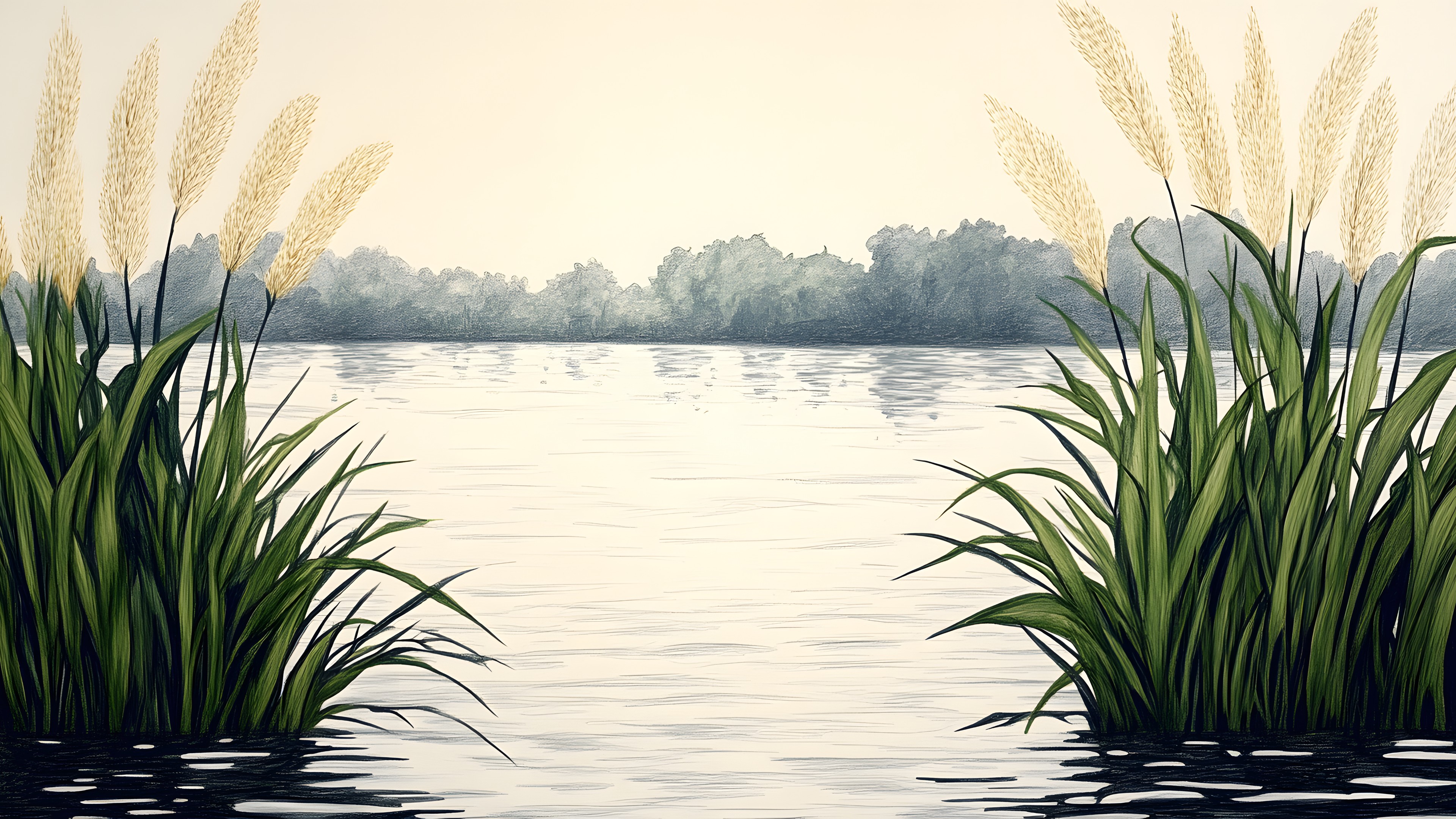 Wetland, Marsh, Freshwater marsh, Reflection, Plant stem, Pond, Aquatic plant, Salt marsh, Watercolor painting, Sedges