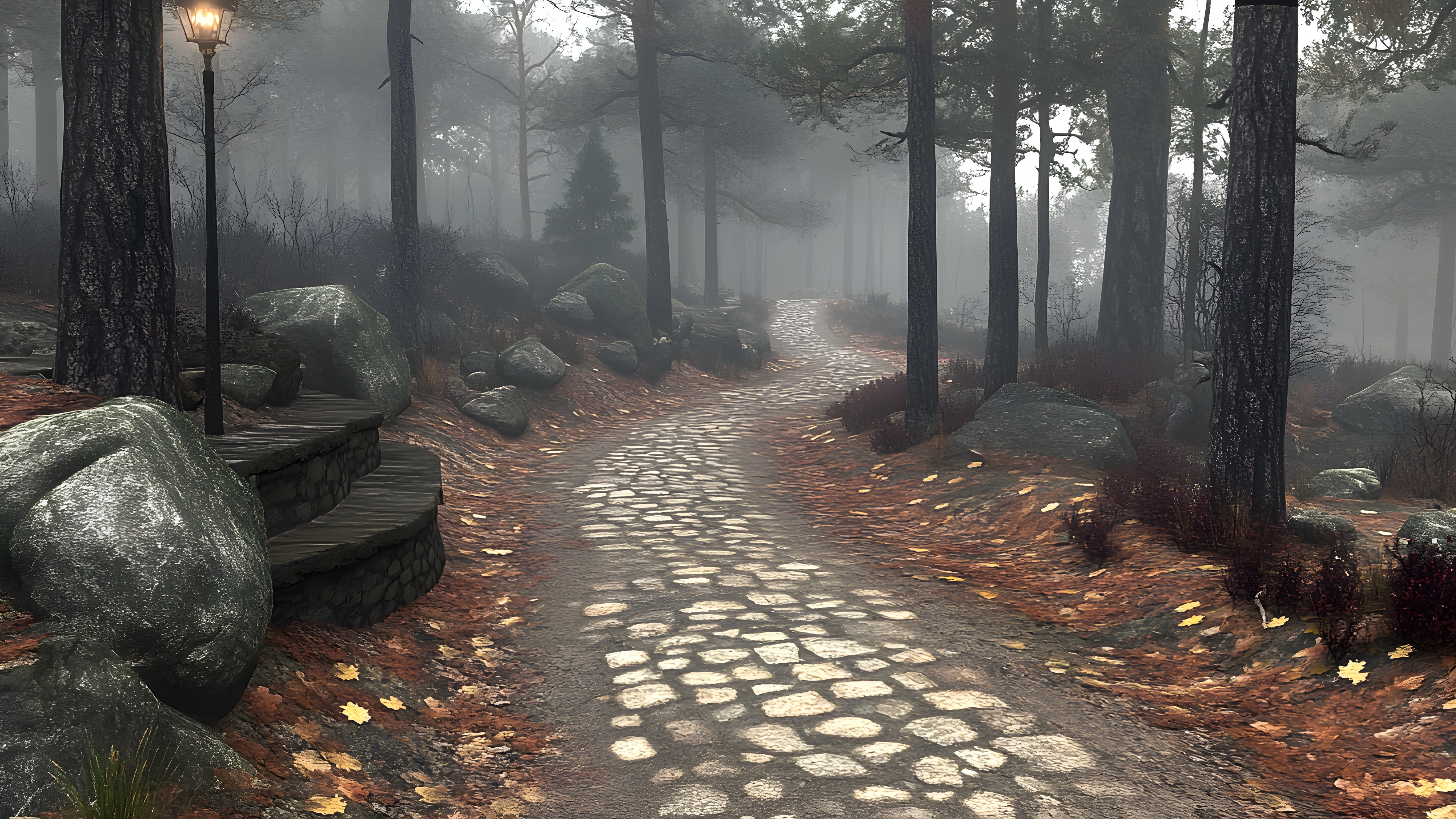 Tree, Nature, atmospheric phenomenon, Natural landscape, Forest, Trail, Wilderness, Woodland, Mist, Trunk, Spruce-fir forests, Fog, Old-growth forest, Cobblestone, Northern hardwood forest, Autumn, Walkway, Jungle, Haze, Stream