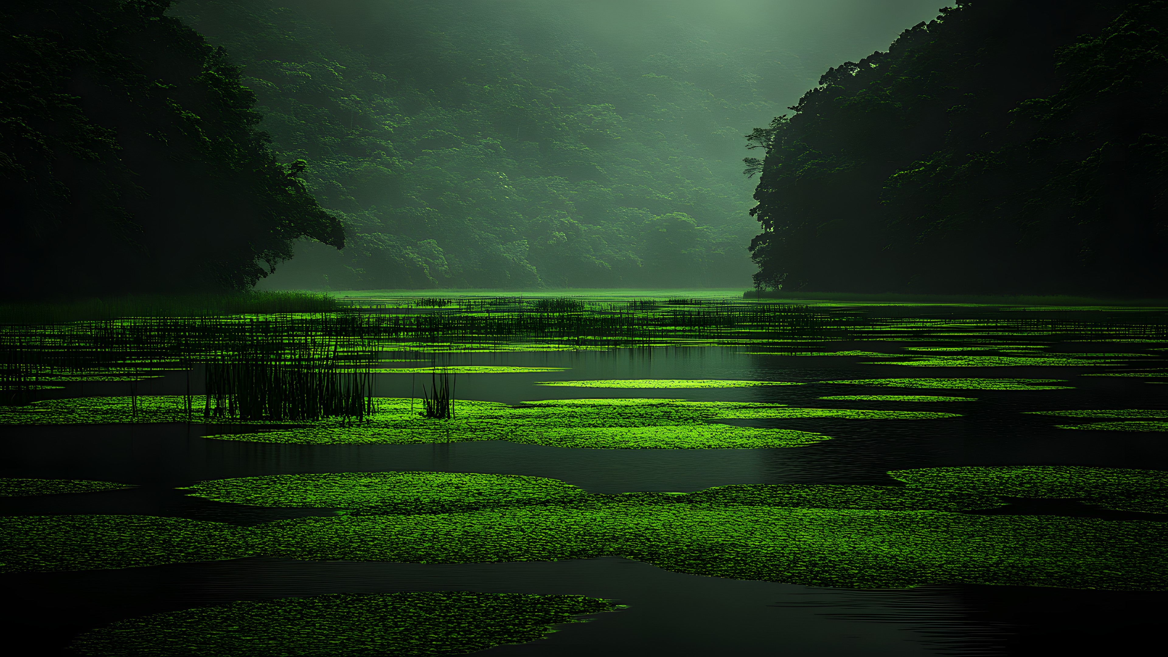 Green, Wetland, Reflection, Jungle, Rainforest, Algae, Lacustrine plain, Marsh, Pond, Night, Green algae, Riparian forest, Bayou, Aquatic plant
