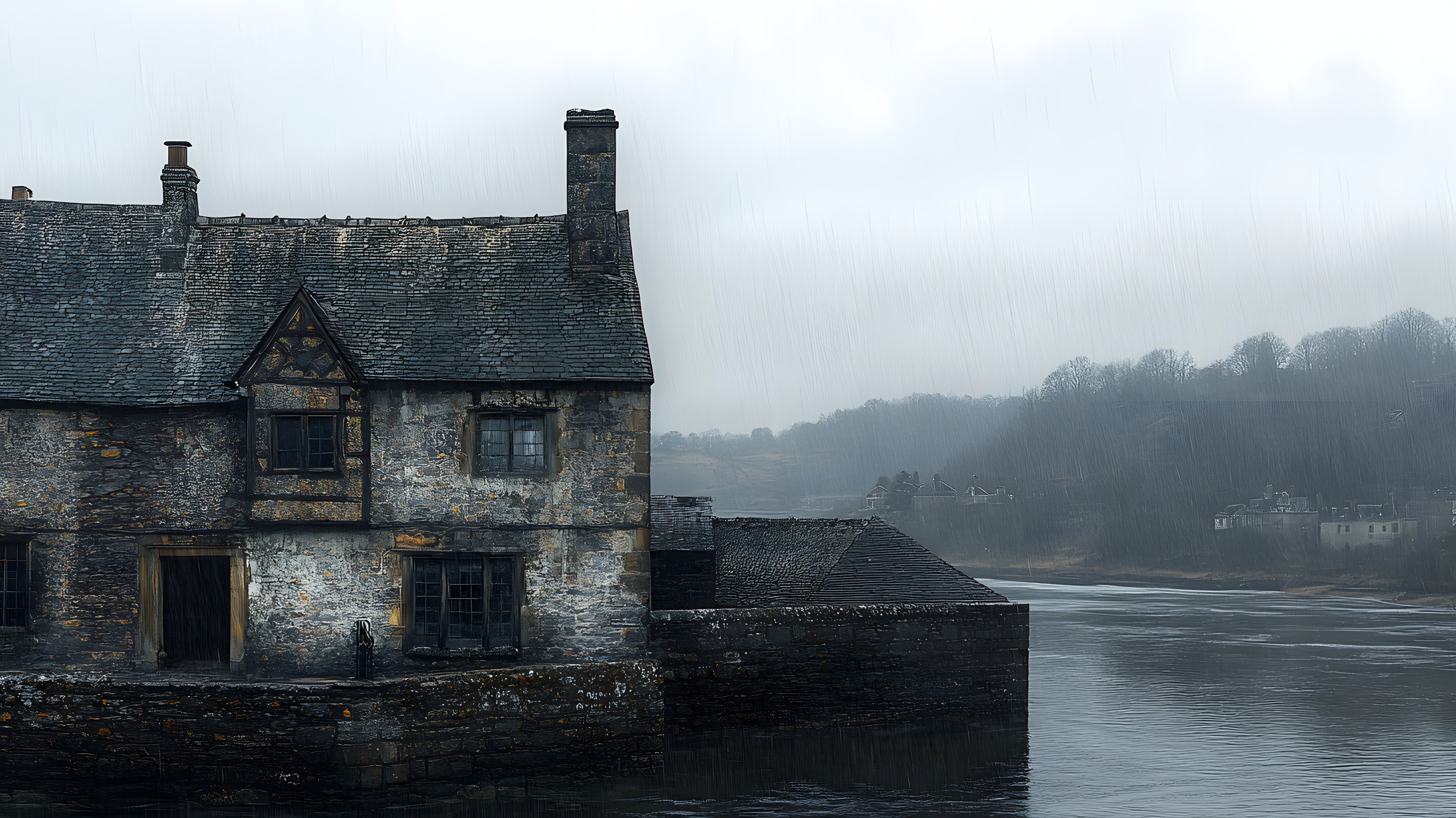 Water, Waterway, Watercourse, House, Reflection, Water castle, Cottage, River, Village, Reservoir, Mist, Moat, Chimney, Lake District, Evening, Loch, Haze, Mansion