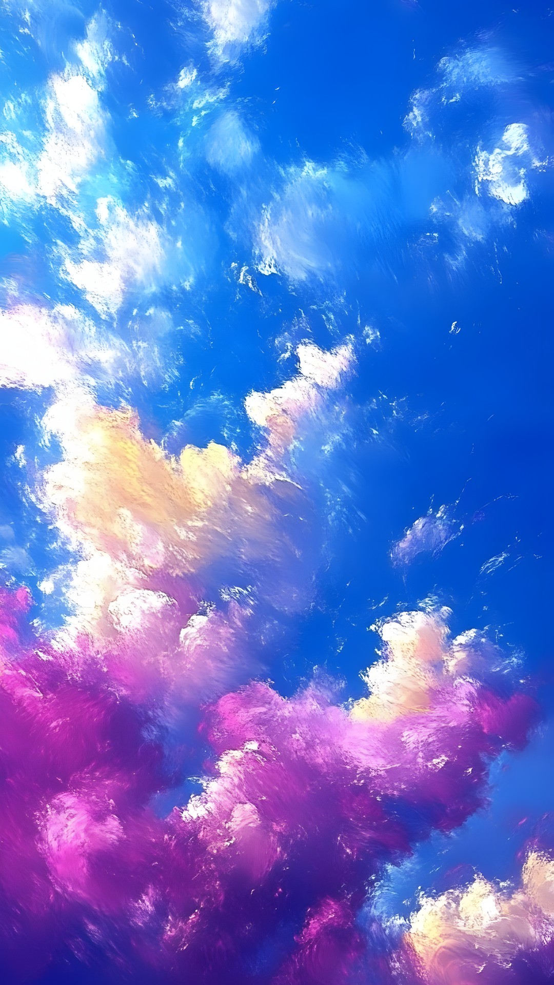 Blue, Cloud, Daytime, Cumulus, Pink, Meteorological phenomenon, Purple, Sunlight, Watercolor painting