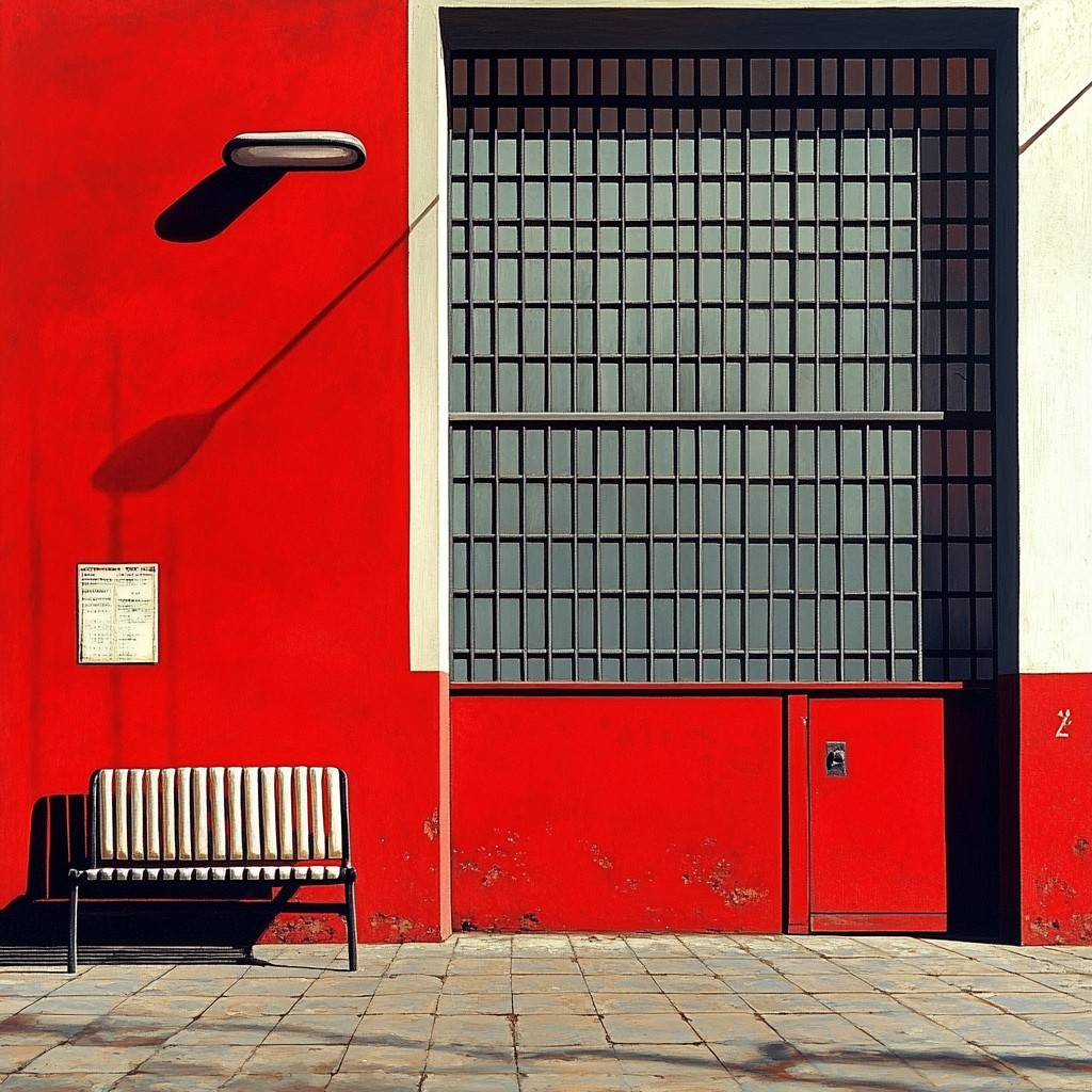 Red, Wall, Orange, Composite material, Metal, Paint, Concrete, Building material, Symmetry, Shadow