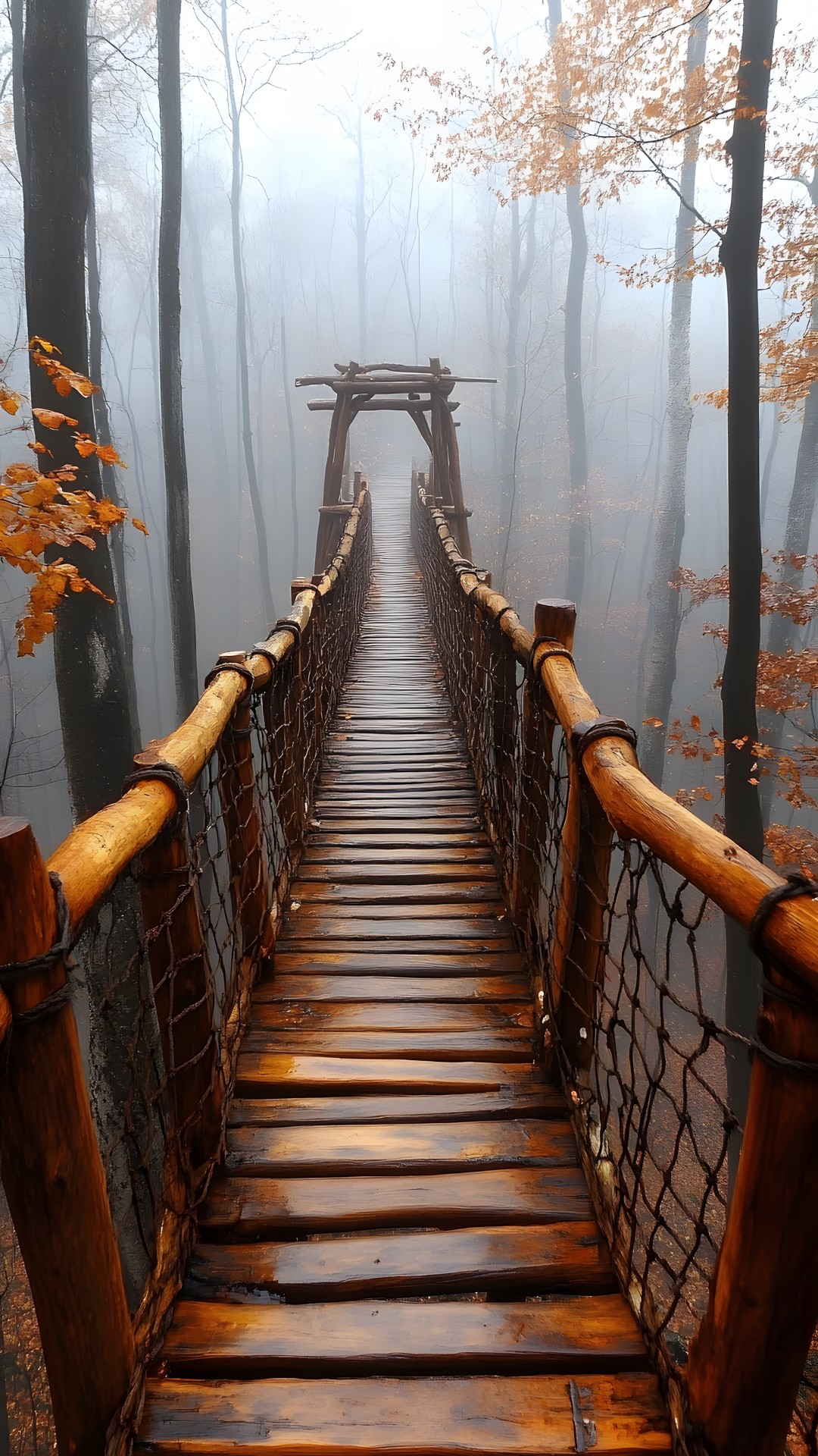 Plant, Wood, Tree, Sky, Fog, Biome, Atmospheric phenomenon, Natural landscape, Trunk, Bridge, Symmetry, Twig, Handrail, Fence, Walkway, Forest, Metal, Guard rail, Mist, Landscape