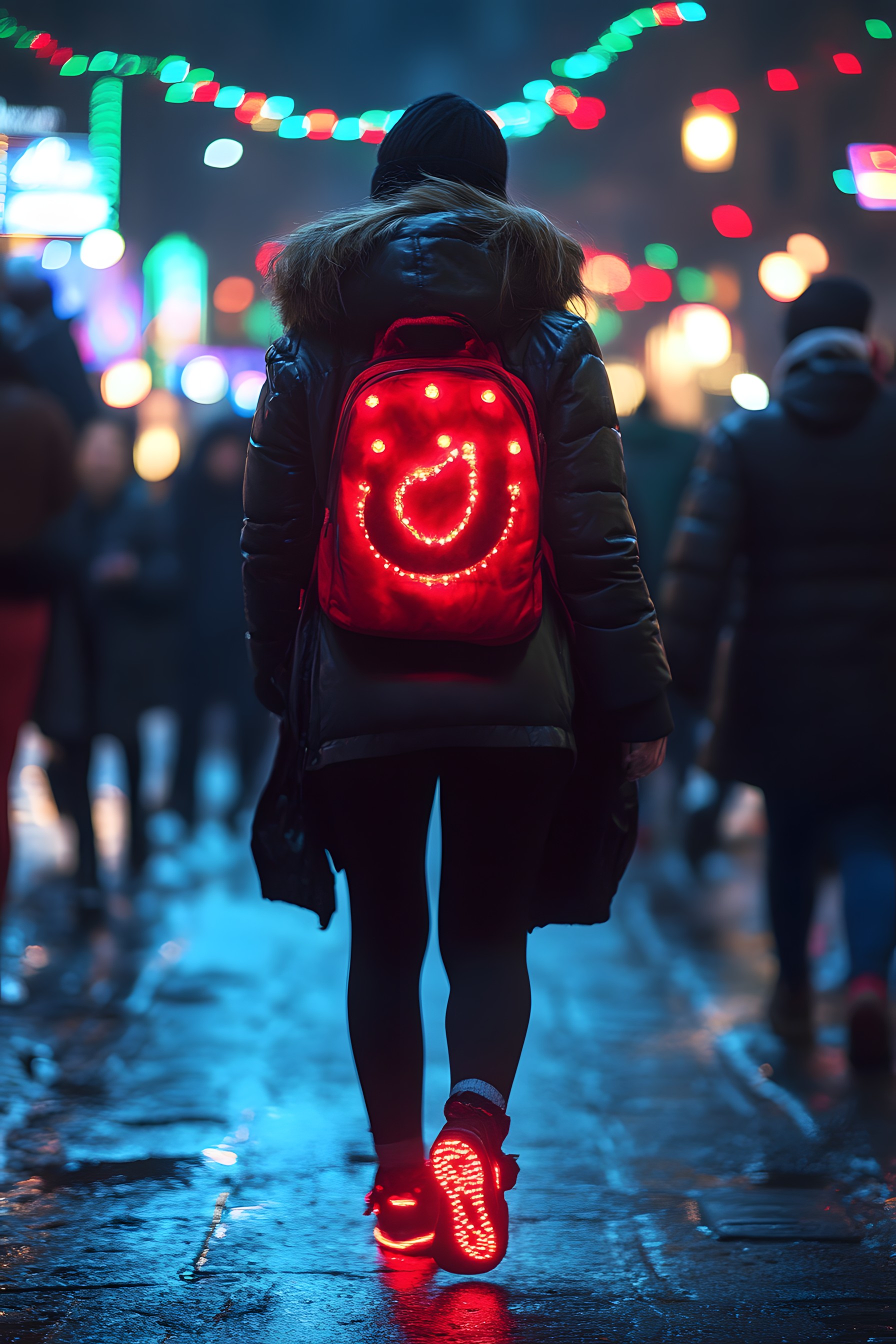 Night, Neon, Winter, Backpack