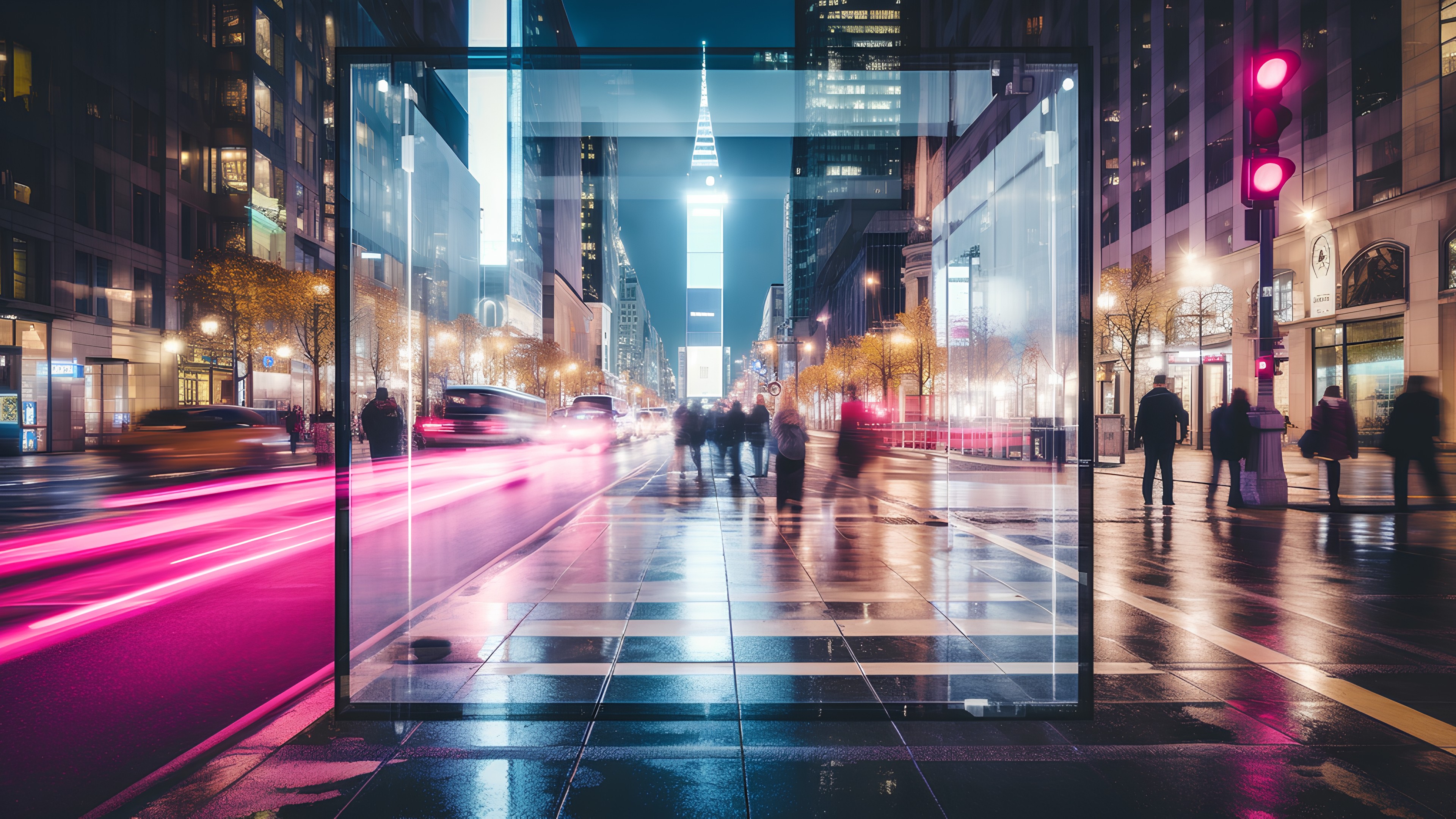 Building, Automotive lighting, Light, Road surface, Purple, Sky, Thoroughfare, Pink, Street light, Sidewalk, Road, Electricity, Cityscape, Landmark, Tints and shades, Tower block, City, Magenta, Metropolis, Mixed-use