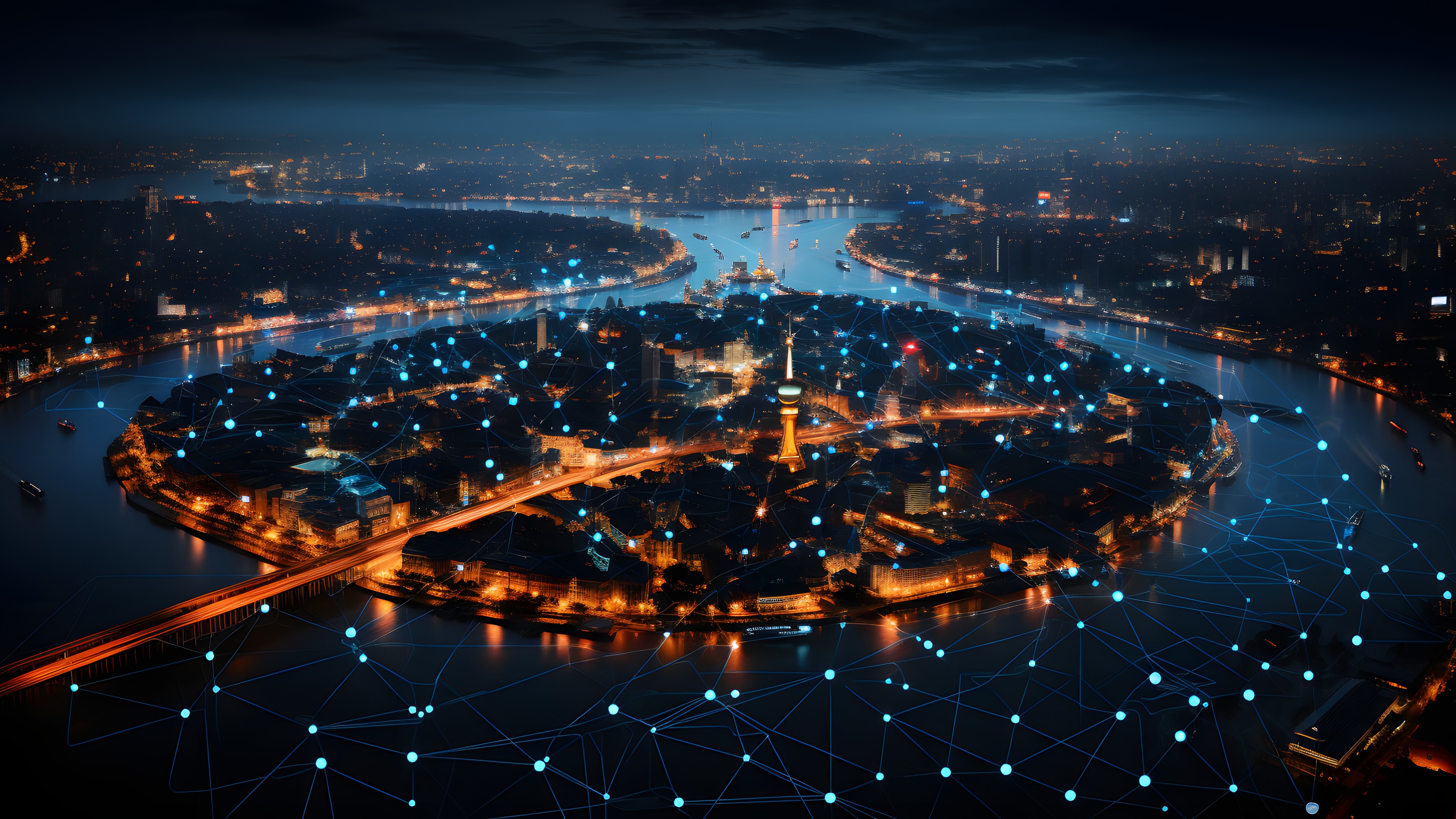 Water, Water resources, Sky, World, Tower block, Urban design, Dusk, Cloud, Cityscape, Electricity, Landscape, Horizon, City, Bridge, Metropolitan area, Midnight, Building, Metropolis, Road, Bird's-eye view