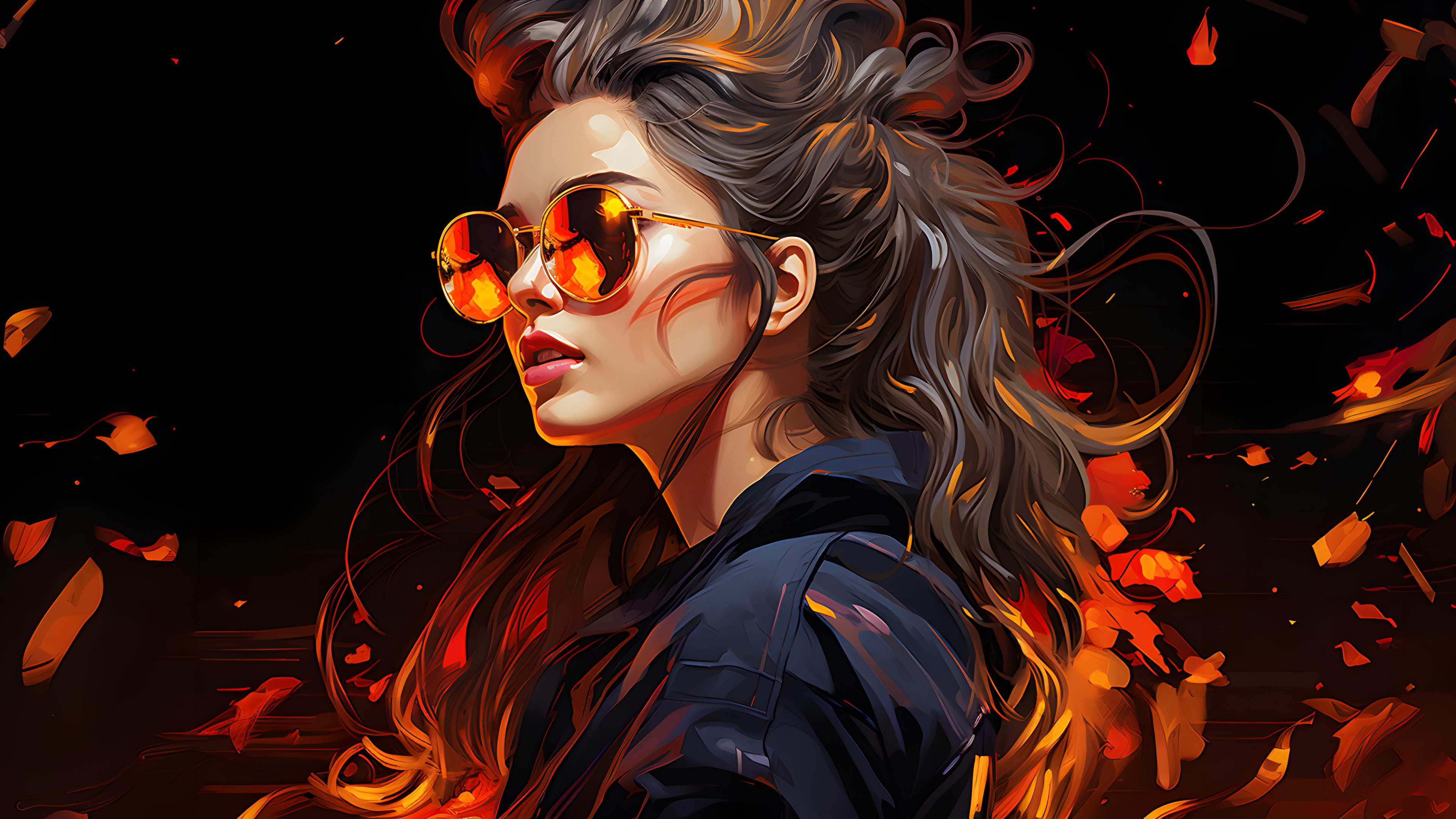 Glasses, Vision care, Sunglasses, Flash photography, Goggles, Orange, Font, Eyewear, Art, Cool, Cg artwork, Darkness, Eyelash, Graphics, Fashion design, Event, Illustration, Visual arts, Fictional character, Graphic design