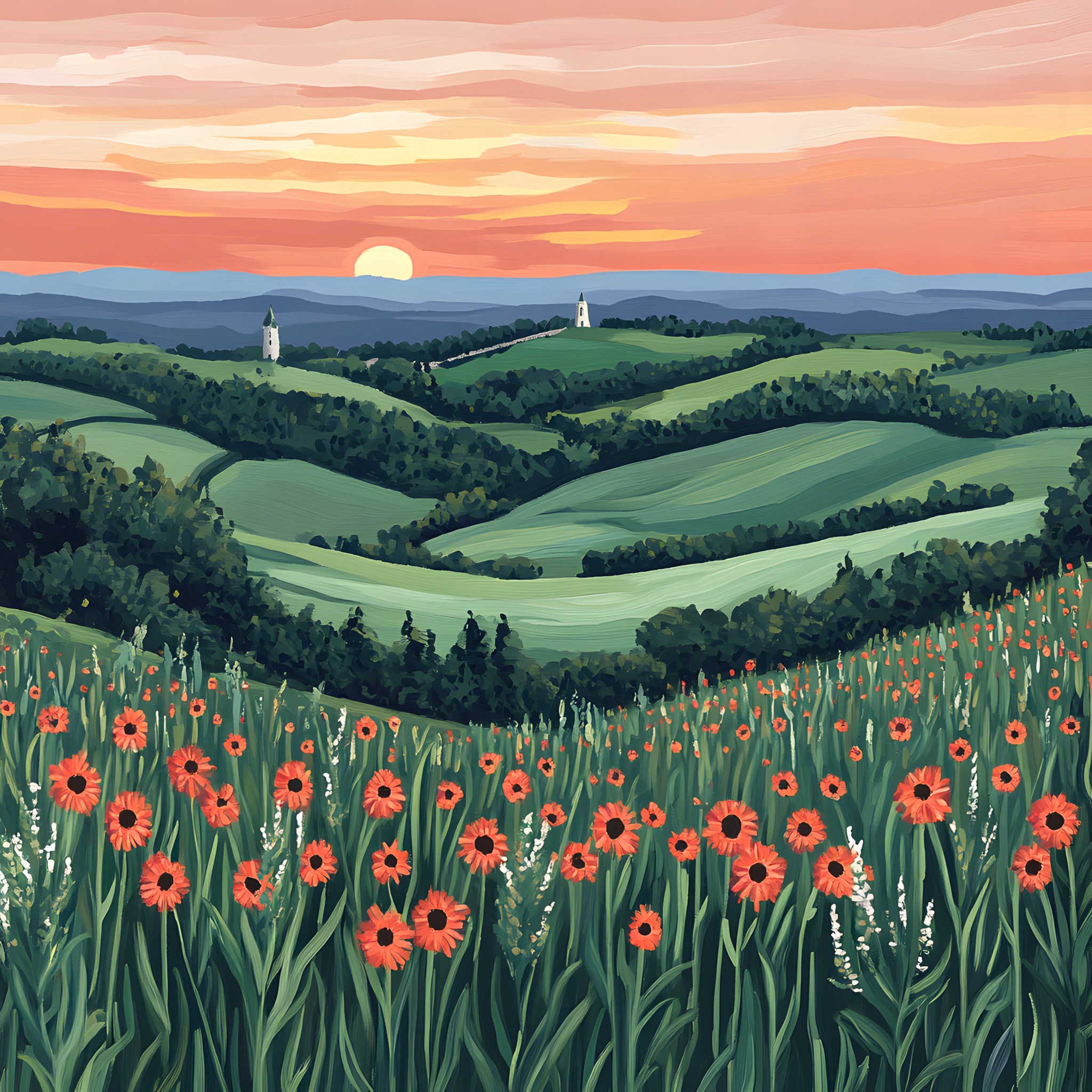 Natural landscape, Grassland, Field, Meadow, Morning, Prairie, Agriculture, Plantation, Wildflower, Farm, Art Paint, Paint, Pasture, Steppe, Acrylic paint, Crop, Watercolor painting, Modern art, Poppies