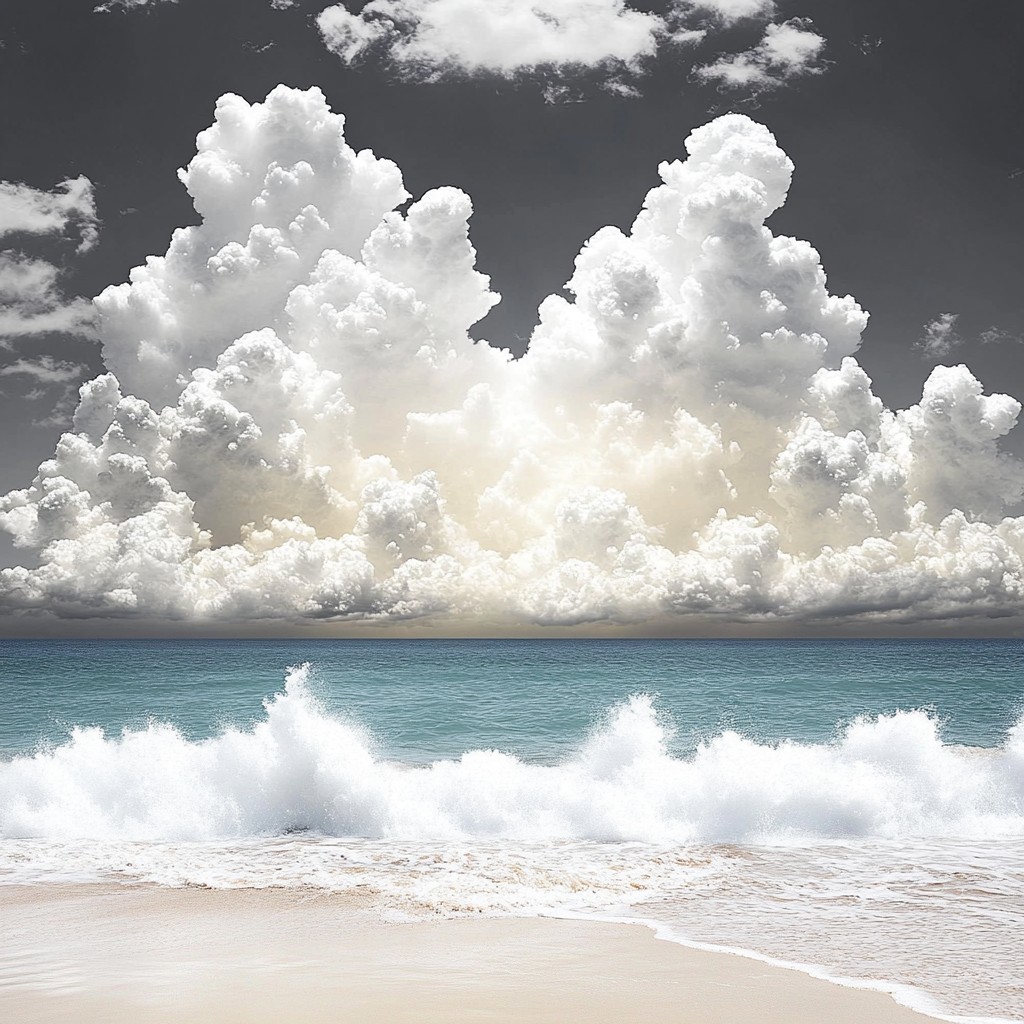 Cloud, Sky, Blue, Daytime, Body of water, Cumulus, Fluid, Sea, Horizon, Wave, Liquid, Wind wave, Ocean, Meteorological phenomenon, Coastal and oceanic landforms, Sunlight, Wind, Beach, Tropics, Coast