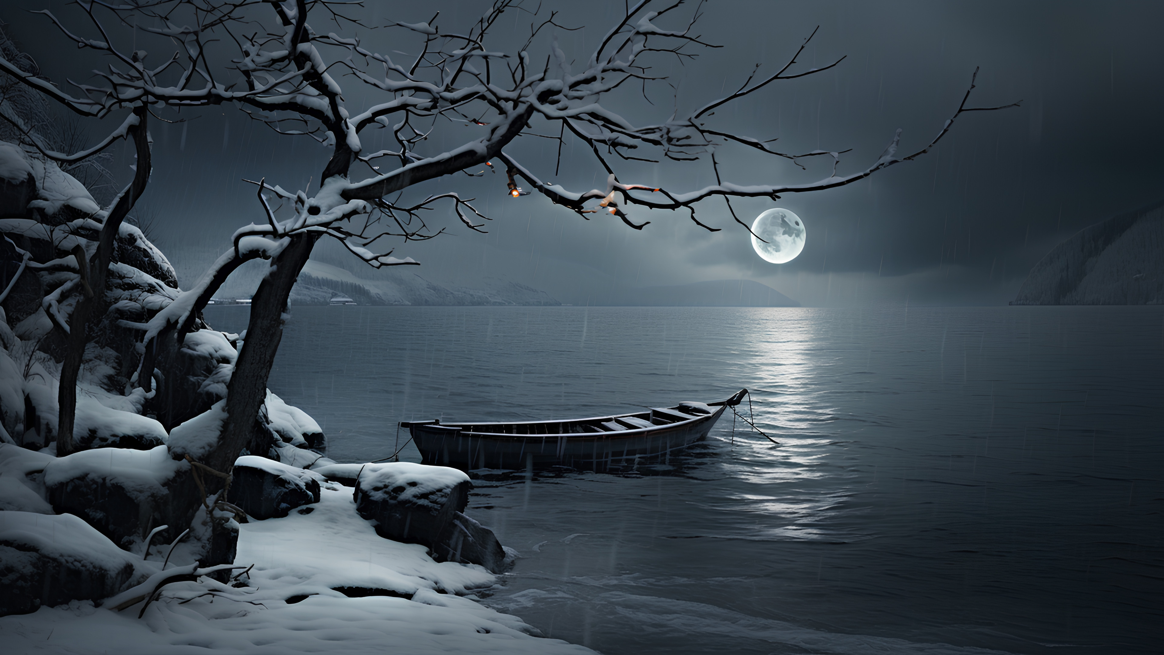 Water, Atmosphere, Sky, Moon, Boat, World, Natural landscape, Tree, Watercraft, Black-and-white, Atmospheric phenomenon, Sunlight, Snow, Style, Body of water, Lake, Horizon, Morning, Twig, Wood