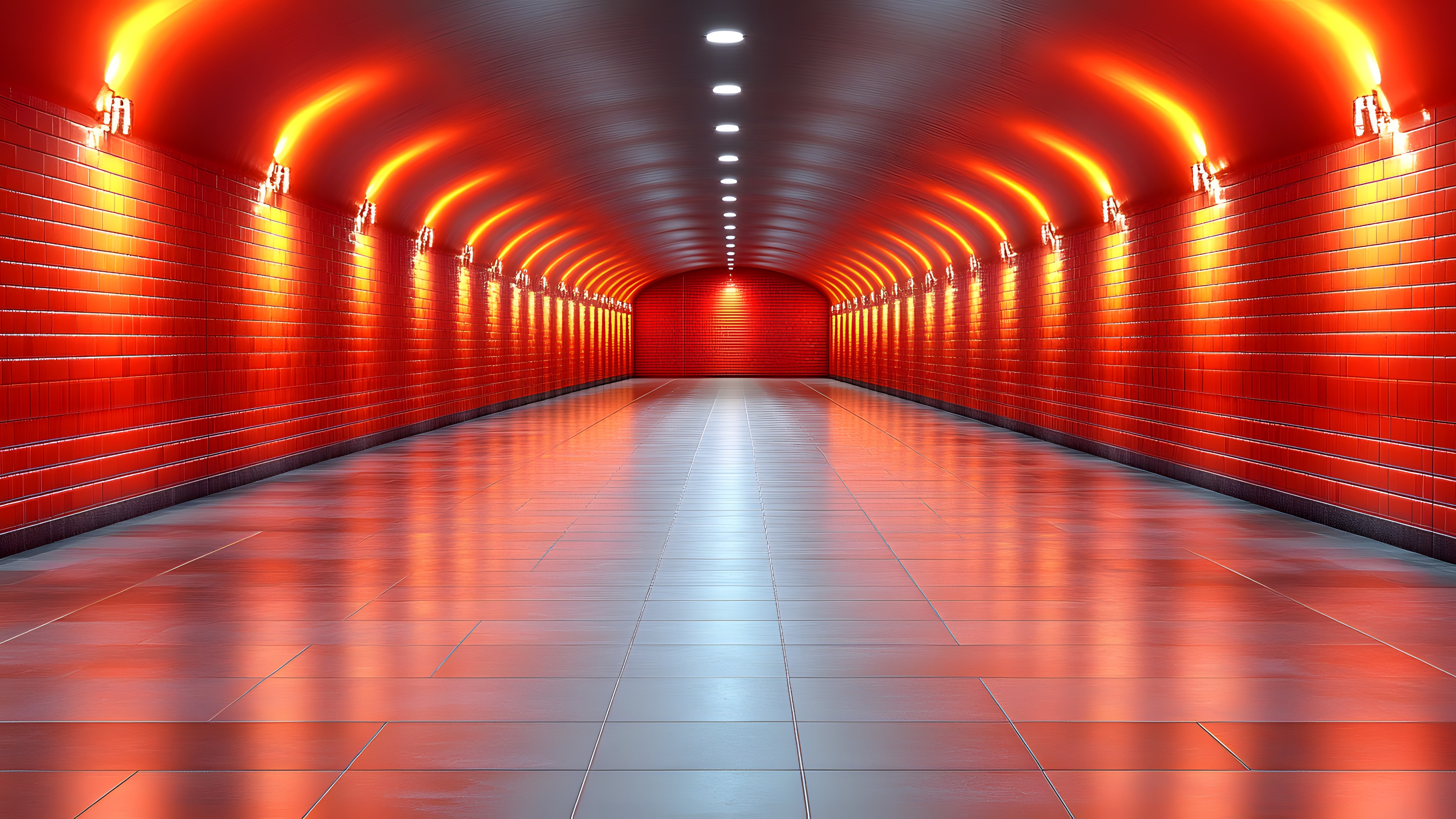 Red, Orange, Lighting, Tunnel, Subway, Symmetry, Design, Light fixture, Cleanliness, Fluorescent lamp