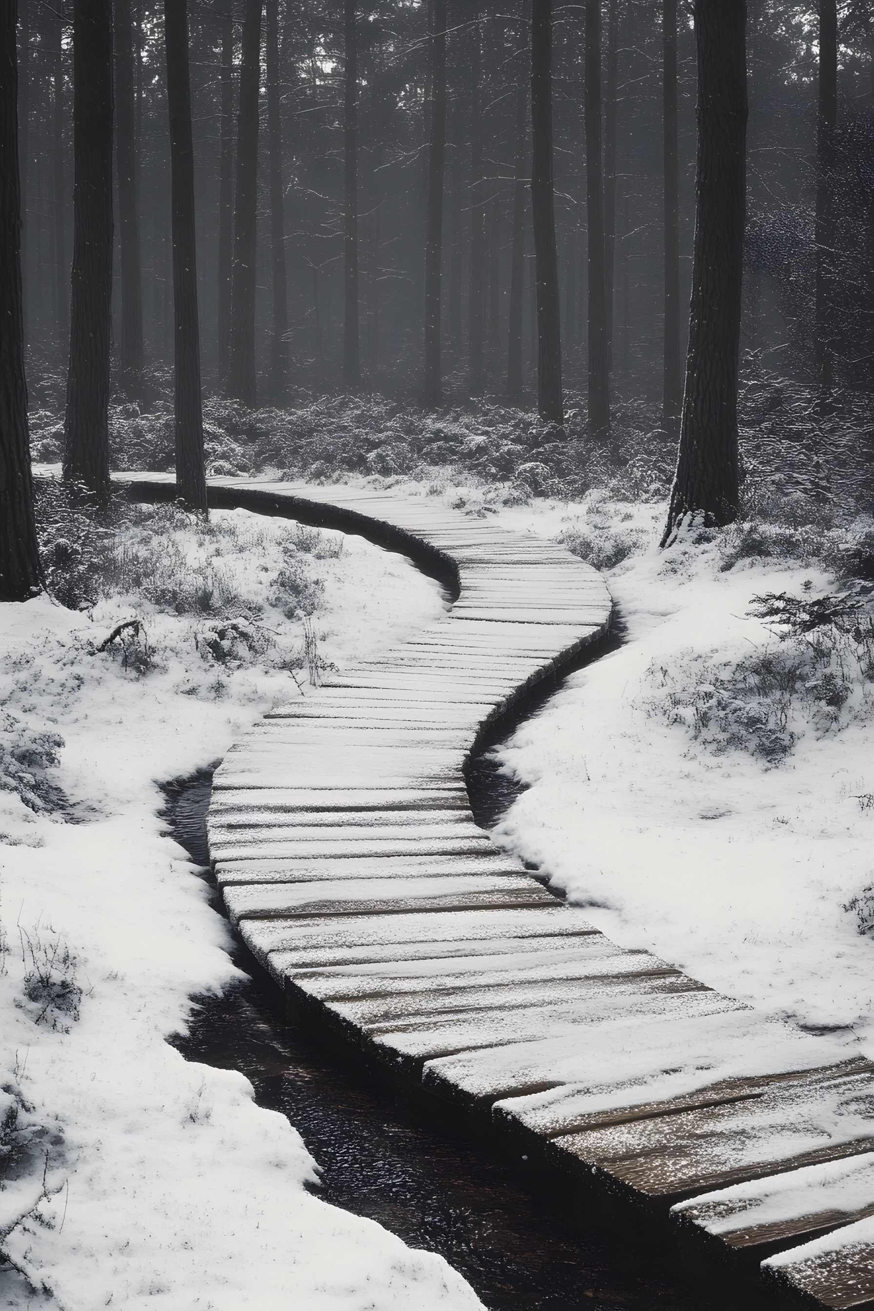 Wood, White, Monochrome photography, Winter, Forest, atmospheric phenomenon, Snow, Trail, Spruce-fir forests, Woodland, Monochrome, Trunk, Black and white, Walkway, Freezing, Boardwalk, Grey, Precipitation, Frost, Northern hardwood forest