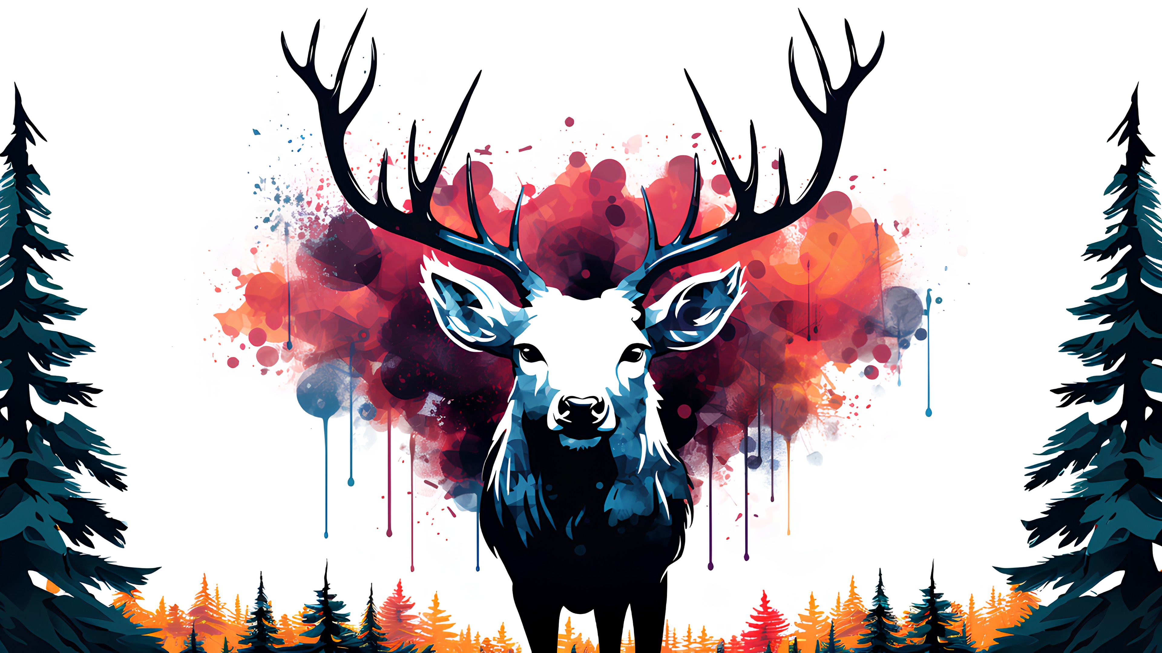 Natural material, Organism, Red, Art, Horn, Terrestrial animal, Snout, Tree, Elk, Font, Natural landscape, Wildlife, Graphics, Symmetry, Landscape, Visual arts, Graphic design, Painting