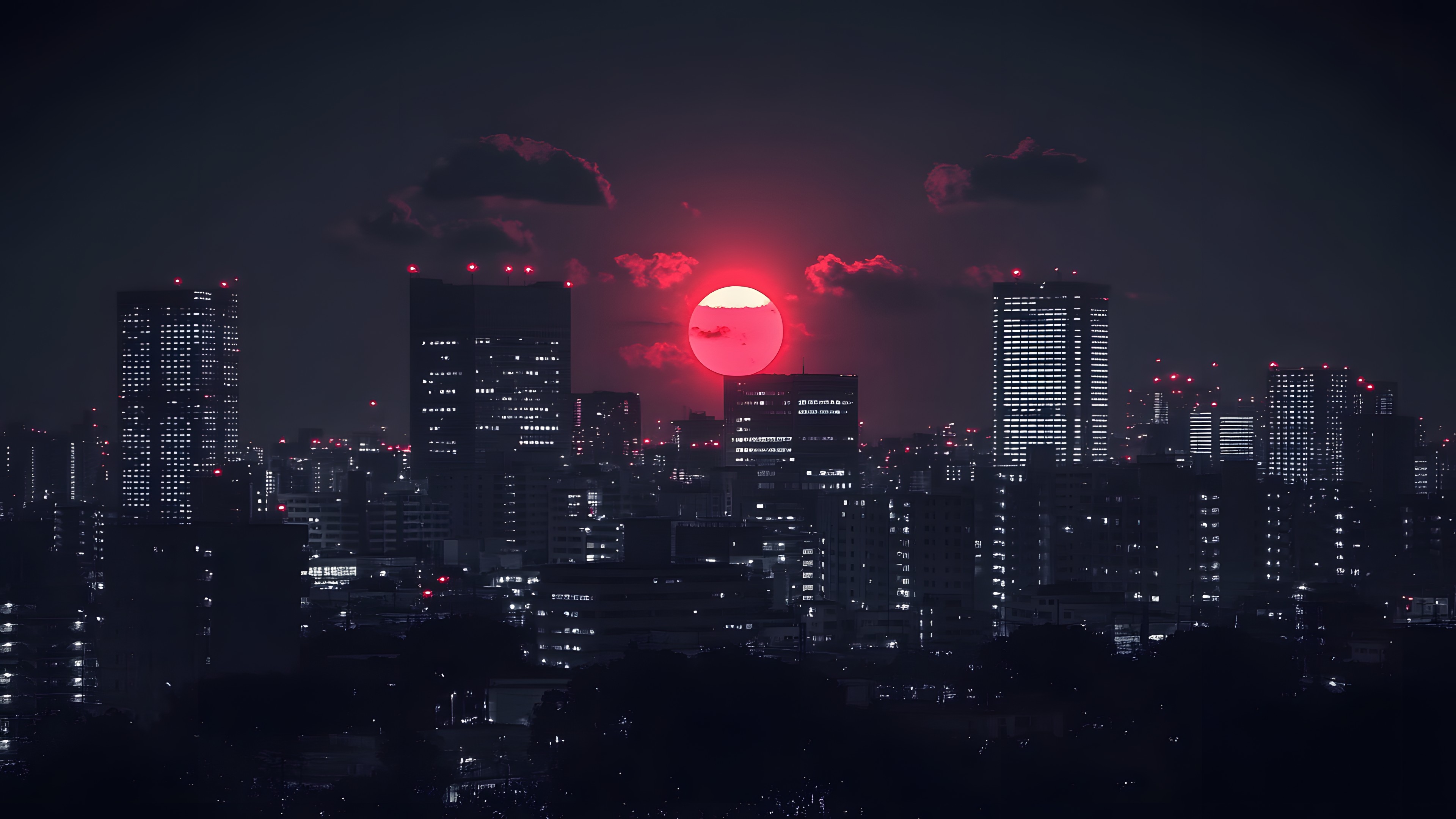 Red, City, Urban area, Metropolitan area, High-rise building, Night, atmospheric phenomenon, Metropolis, Skyscraper, Astronomical object, Moon, Cityscape, Dusk, Midnight, Darkness, Tower, Commercial building, Skyline, Evening, Condominium