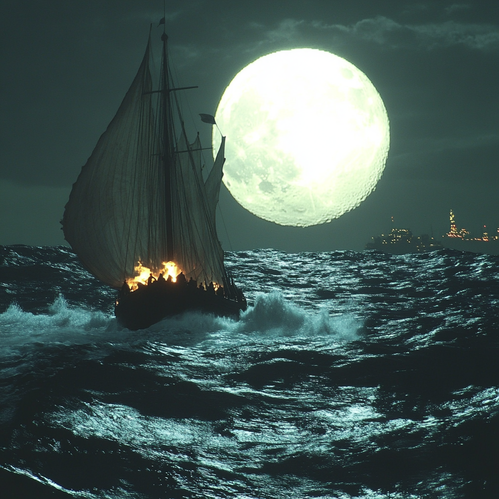 Boat, Watercraft, Astronomical object, Sail, Sea, Moon, Ocean, Moonlight, Sailboat, Mast, Ship, Sailing ship, Celestial event, Naval architecture, Sailing, Full moon, Wind, Night, Sailing, Wind wave